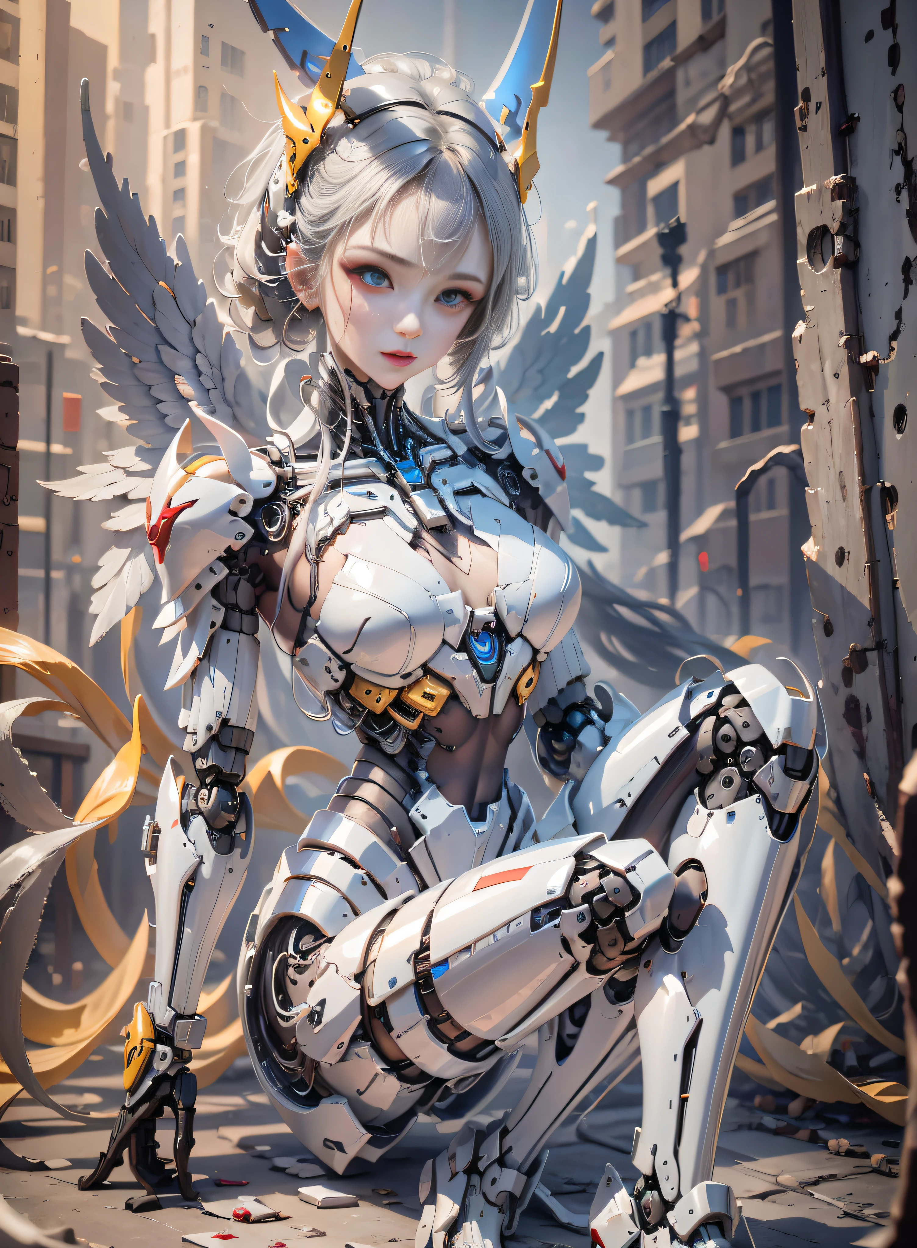 1 mechanical girl, beep combat angel, ((super realistic details)), portrait, global illumination, shadows, octane rendering, 8k, super sharp, metal, complex, ornamental detailed, cool colors, egyptian details, highly complex details, realistic light, CGsociety trends, bright eyes, facing camera, Neon details, mechanical limbs, blood vessels attached to tubes, mechanical vertebrae attached to the back, mechanical cervical vertebrae attached to the neck,  Full body, purple wires and cables attached to the head, (heel socks), (red blood), (golden yellow armor, silver white), (transparent bone), provocative sexy posture, bikini white, red,