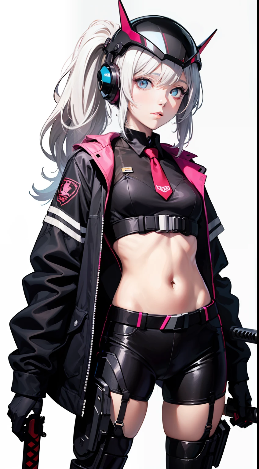 (flat color),(colorful),(masterpiece:1.2), best quality, masterpiece, looking at viewer, white background,
1girl, white hair, slightly curly hair, expressionless, ponytail, side braid,
mecha bodysuit, mecha museum, mechanical parts,robot joints, headgear, cyberpunk, neon_trim, glowing neon lights, blue, purple,
open jacket,black sheer pantyhose, visible through (sheer crop top), shirt,
garter,necktie, navel, gloves,Hand katana,
techwear jacket, with buckle and tape, black gloves, tactical vest,cyberhelmet,cyborg,(helmet)