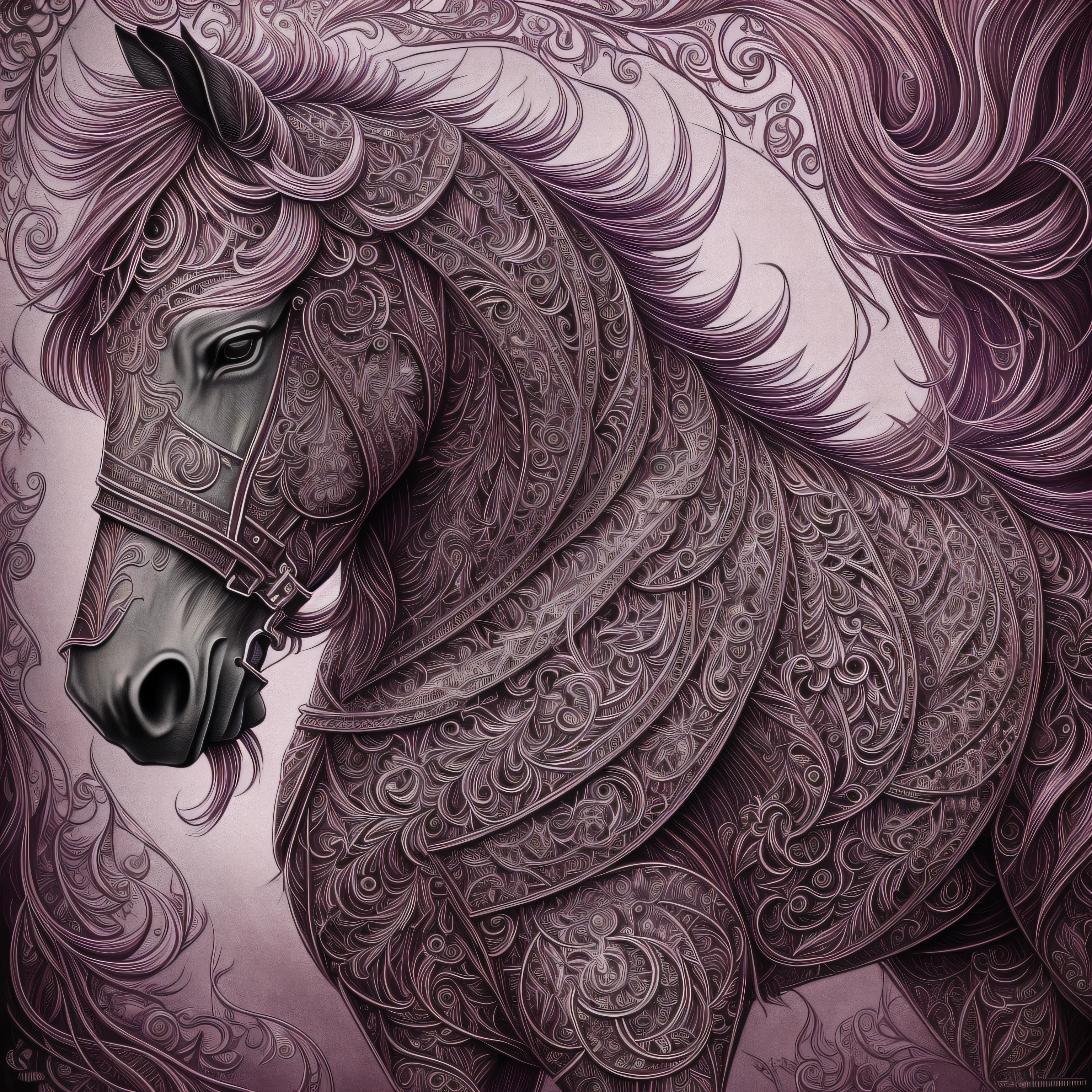 (best quality) ultra-detailed, a horse, intricate linework, highly detailed illustration, perfect composition, beautiful and stunning, dynamic angle, high contrast, incredible shading, incredible detail, unique style, red and purple details, (dark and mystical atmosphere), intricate and detailed nature elements. --auto --s2