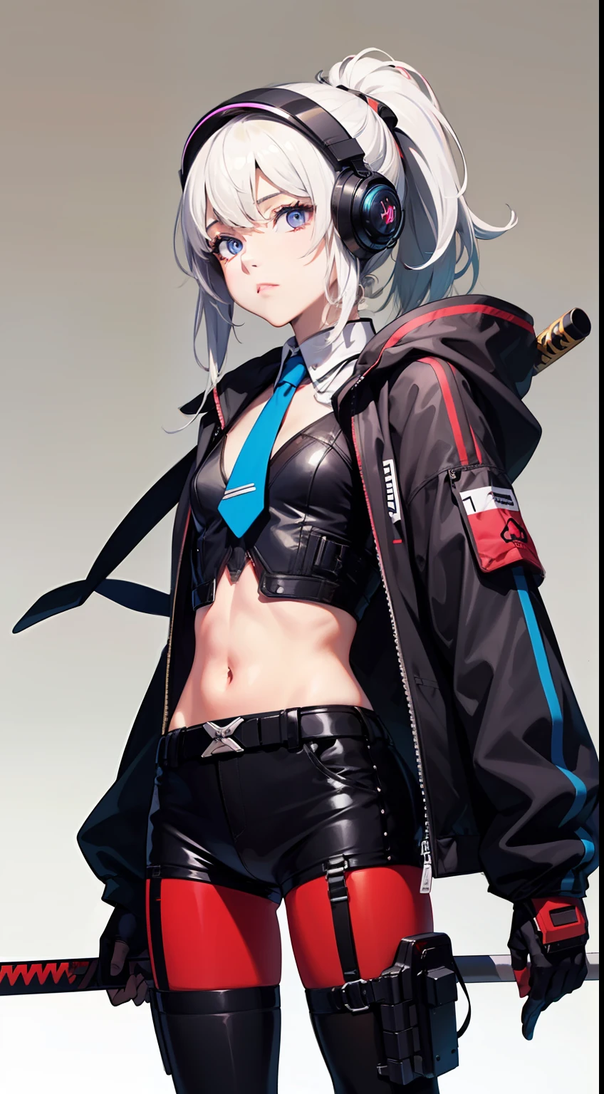 (flat color),(colorful),(masterpiece:1.2), best quality, masterpiece, looking at viewer, white background,
1girl, white hair, slightly curly hair, expressionless, ponytail, side braid,
mecha bodysuit, mecha museum, mechanical parts,robot joints, headgear, cyberpunk, neon_trim, glowing neon lights, blue, purple,
open jacket,black sheer pantyhose, visible through (sheer crop top), shirt,
garter,necktie, navel, gloves,Hand katana,
techwear jacket, with buckle and tape, black gloves, tactical vest,cyberhelmet,cyborg,(helmet)