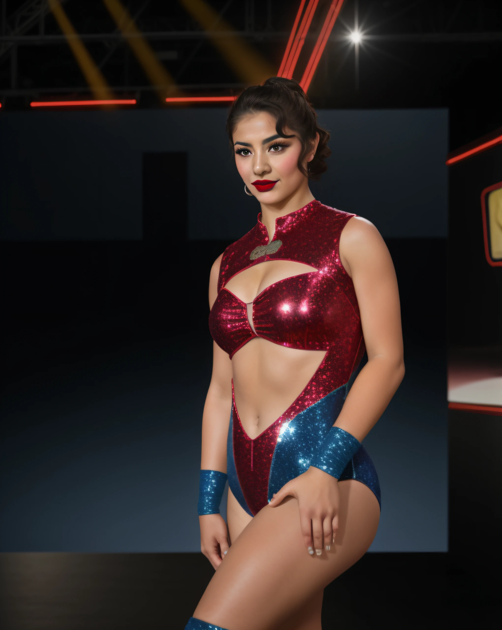 Latina female wrestler in blue silver and red leotard with a glitter pattern, curled hair, blue wristbands, blue kneepads, wearing makeup and lipstick, photo realistic, intricate details