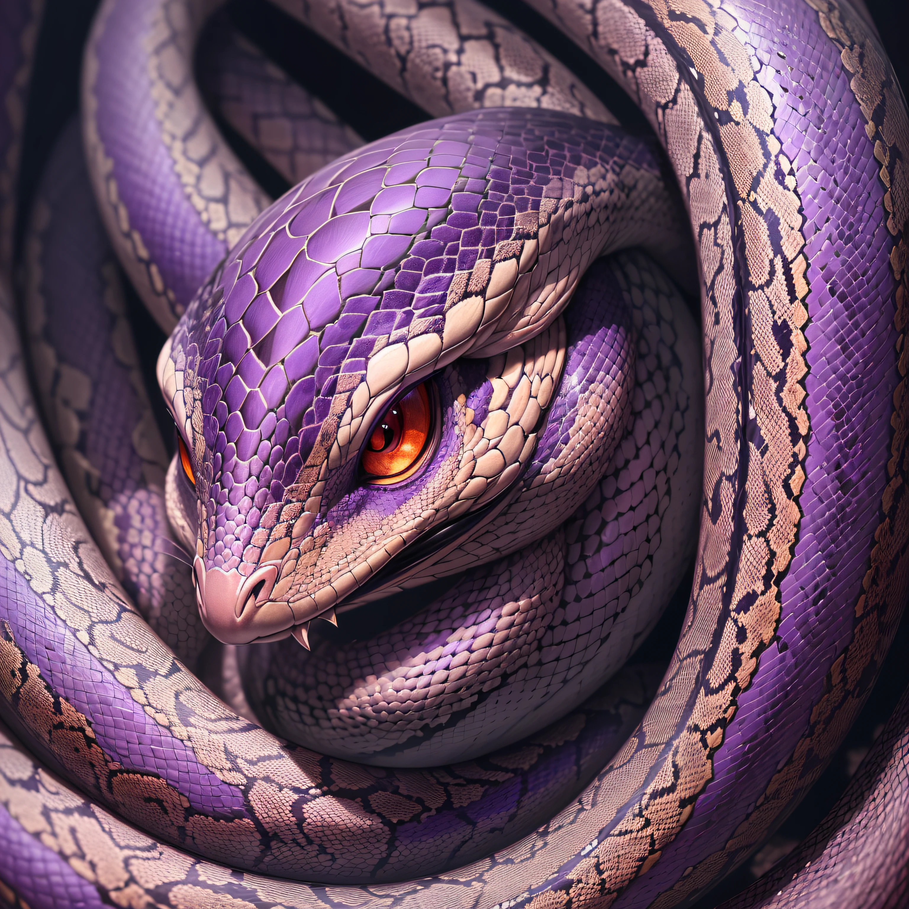 (best quality) ultra-detailed, a snake, intricate linework, highly detailed illustration, perfect composition, beautiful and stunning, dynamic angle, high contrast, incredible shading, incredible detail, unique style, red and purple details, (dark and mystical atmosphere), intricate and detailed nature elements. --auto --s2