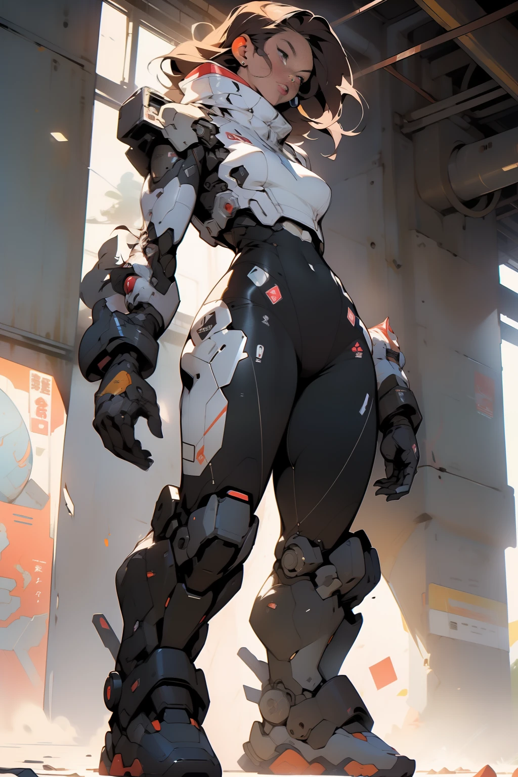 ((Best quality)), ((masterpiece)), (detailed: 1.4), (Absurd), (((full body)), (((woman))), 35-year-old woman, Beautiful muscular woman, giant robot pilot, wild with perfect body, wearing little clothing, tiny thong, clothing with Japanese graphic patterns, halftone pattern and vertical stripes, earth tone, coming out of the body of a giant robot