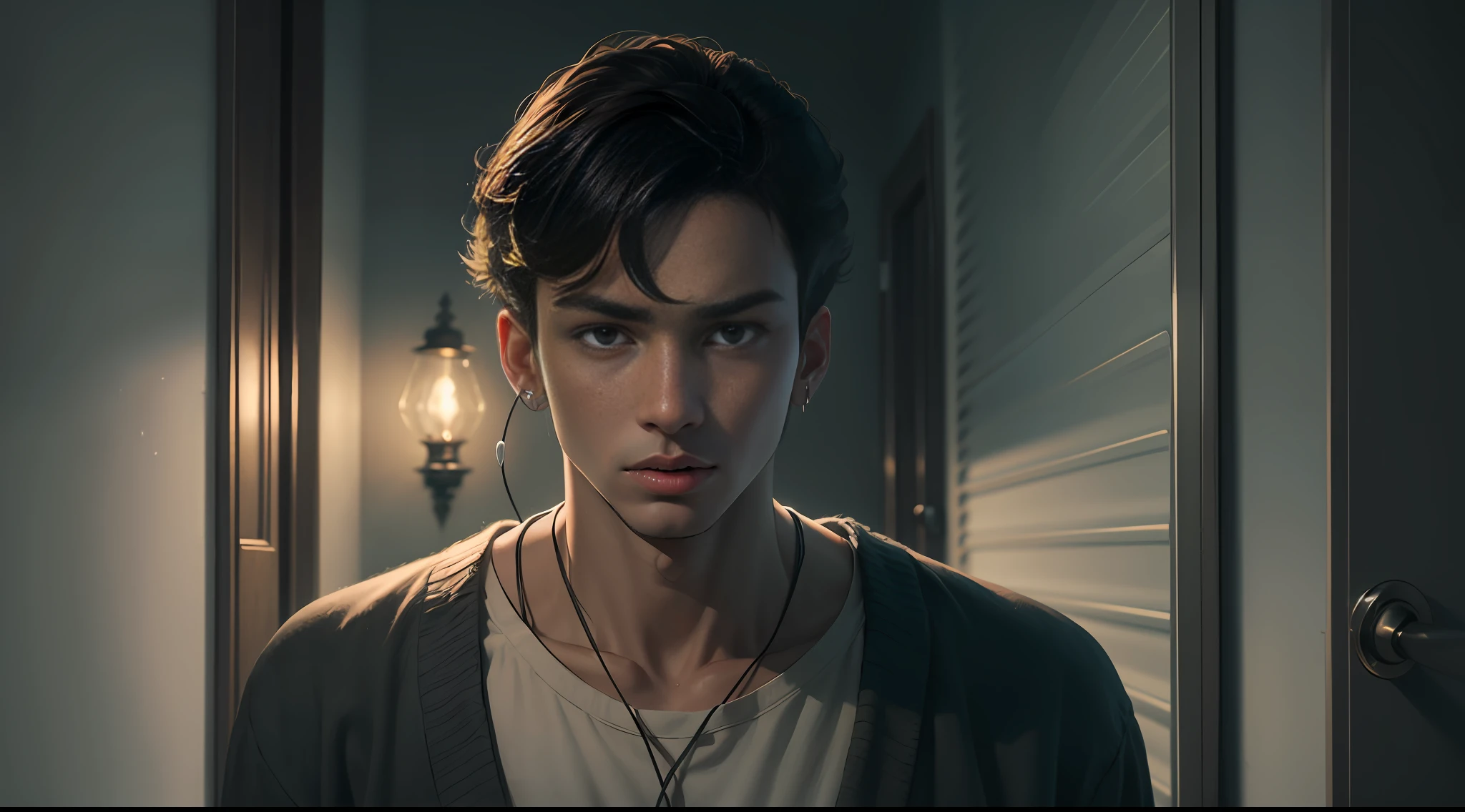 A young man, with a shocked and nervous expression, in front of the dimly lit bedroom door, holding a mobile phone in his hand, the earpiece is some distance from his ear, the whole body, the distant view,