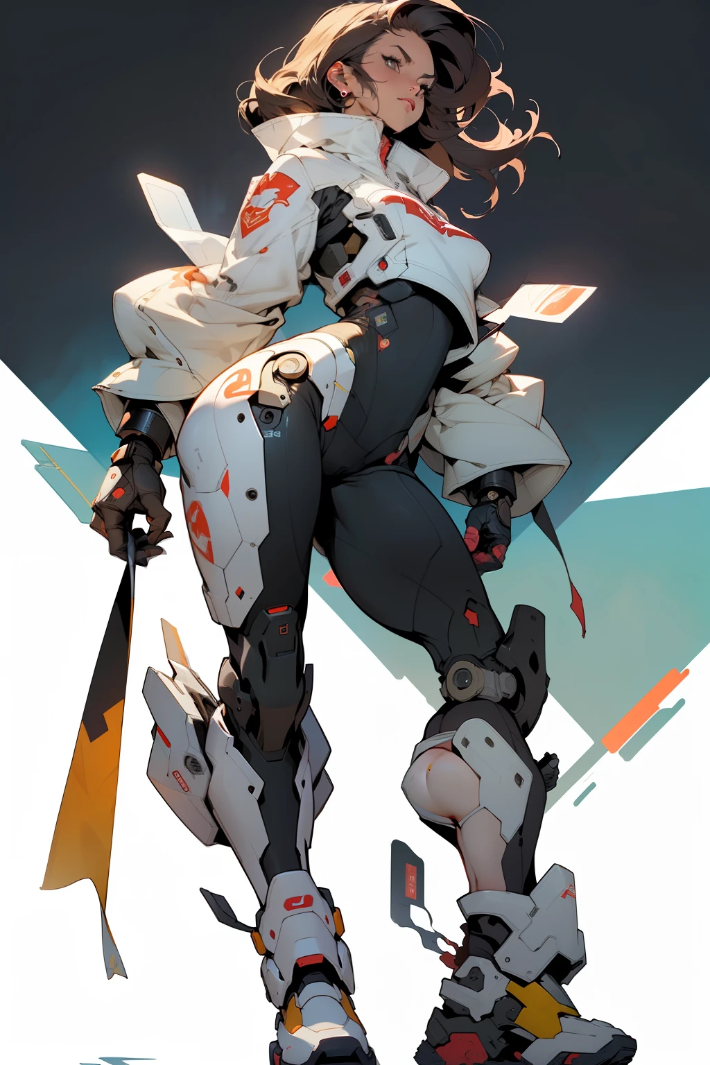 ((Best quality)), ((masterpiece)), (detailed: 1.4), (Absurd), (((full body)), (((woman))), 35-year-old woman, Beautiful muscular woman, giant robot pilot, wild with perfect body, wearing little clothing, tiny thong, clothing with Japanese graphic patterns, halftone pattern and vertical stripes, earth tone, coming out of the body of a giant robot