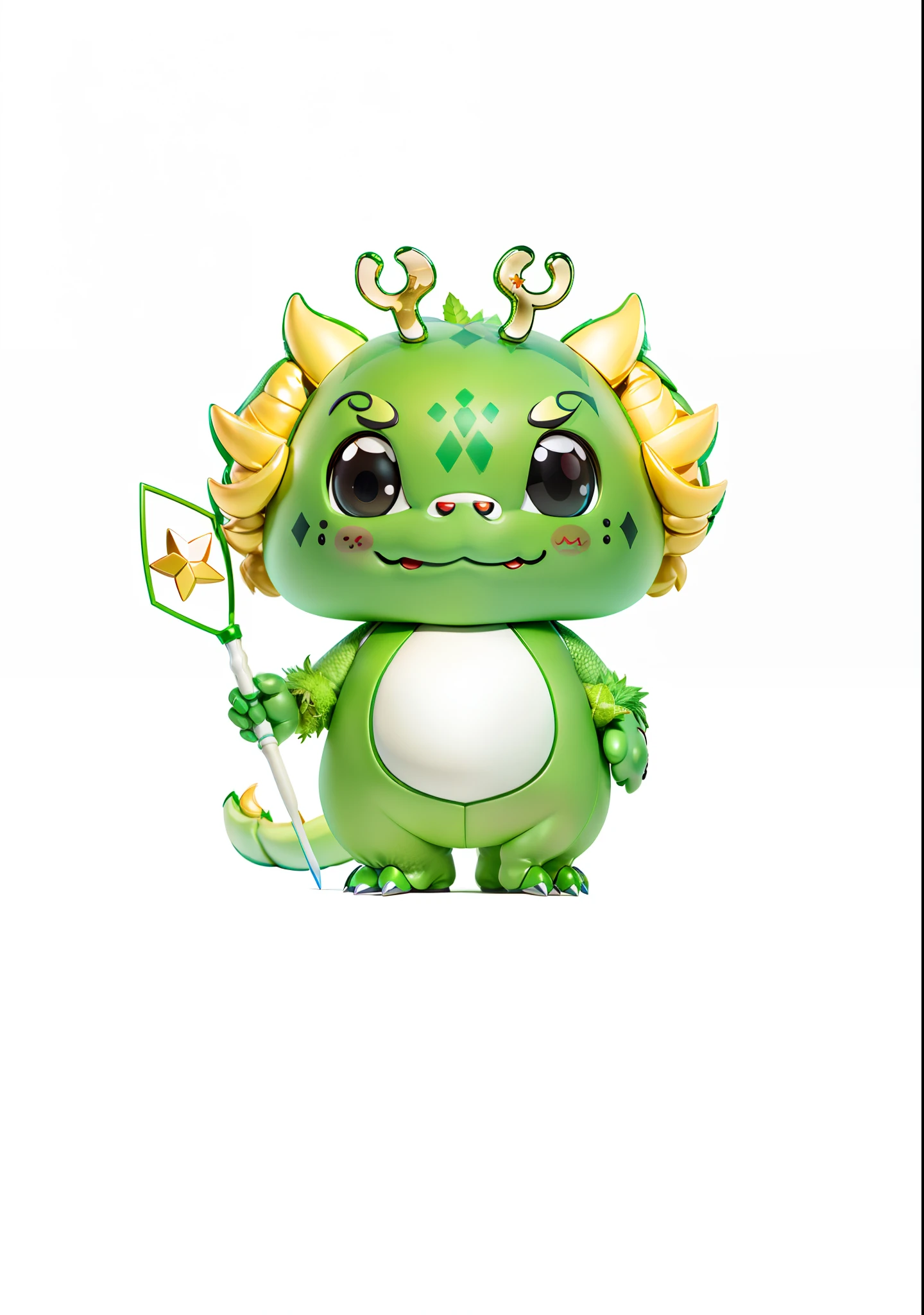 Cartoon green monster with magic wand in hand, as anthropomorphic dragon, golden green creature, cute baby dragon, newly hatched dragon, but as anthropomorphic dragon, cute forest creature, anthropomorphic dragon, dragon-shaped human, humanoid thistle monster, filled dragon, green skin with scales, anthropomorphic, fine, c4d, rendering, model, especially detailed treatment, cute little dragon man,