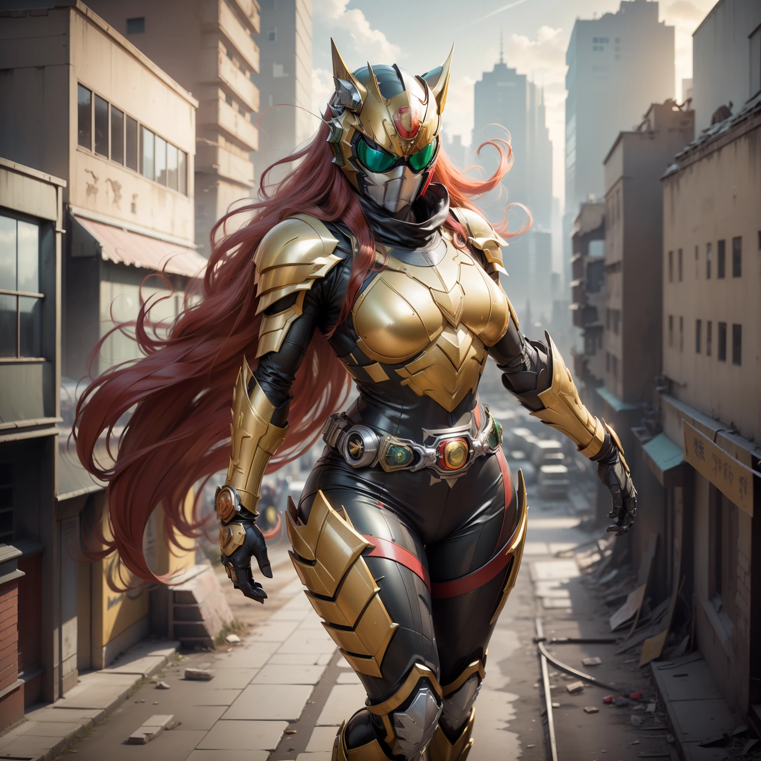 (Masterpiece, Superb Quality, Super Detailed, High Resolution), Male Focus, (((Kamen Rider Empty Me))), (Mechanized))), (Body Details), (She Has Long Red Hair, Big Breasts, Slim), (Standing Pose), Pose for Photo, Top View, City Ruins, Background Details, (((Full Body))), From Above, Solo