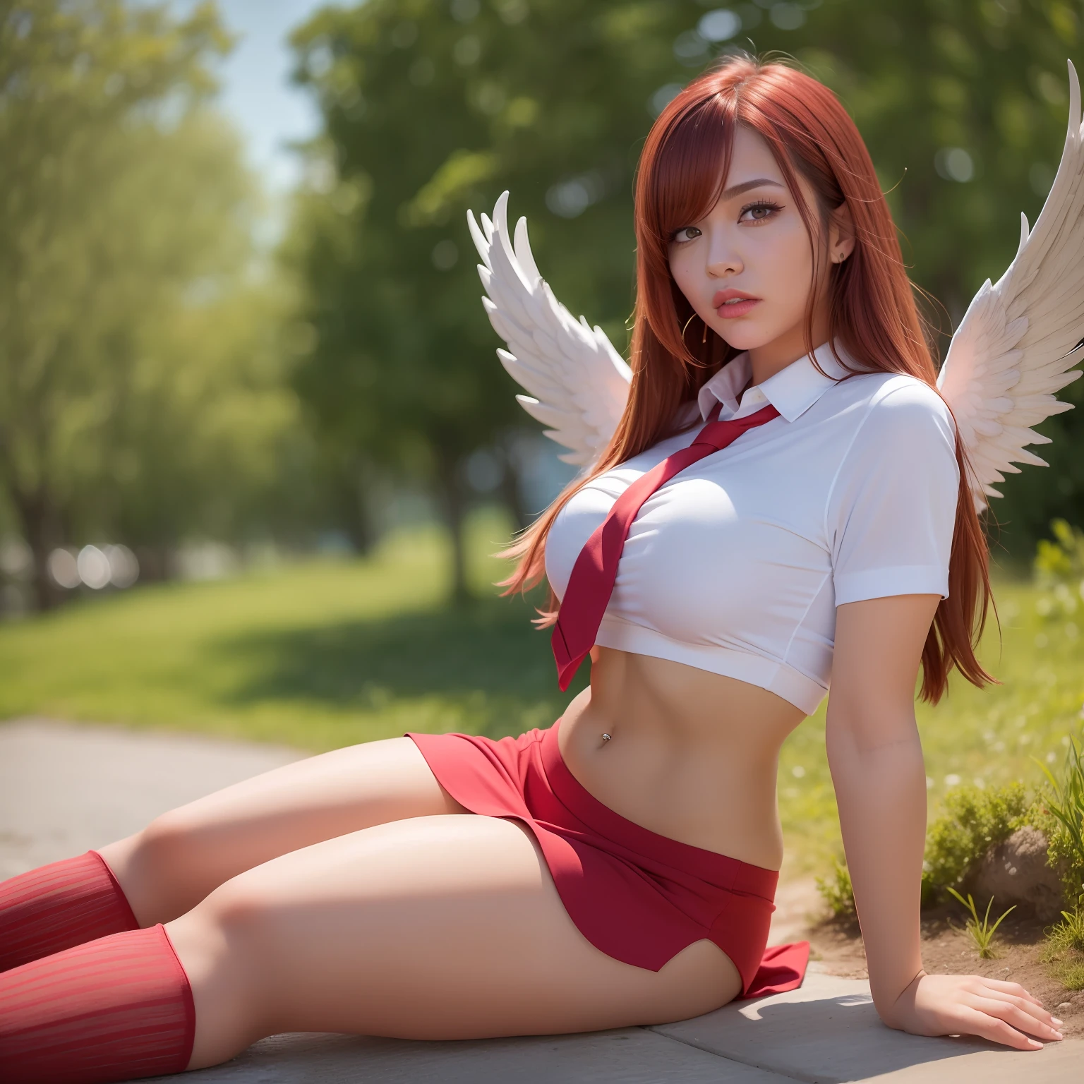 beautiful red-haired woman with long, straight hair falling under her shoulder, wings, with angel wings, wearing high school clothes, blouse with red tie and red mini skirt, black socks that go up to the knees and all star sneakers, red makeup around the eyes making a drawing on the face, purple eyes, red lipstick, a mole on the left side of the mouth, perfect face, expression of shame, cute expression, perfect body, round chest, big ass, thick thighs, whole body, detailed scenery, detailed photo, masterpiece, 8k, raw photo, perfect lighting