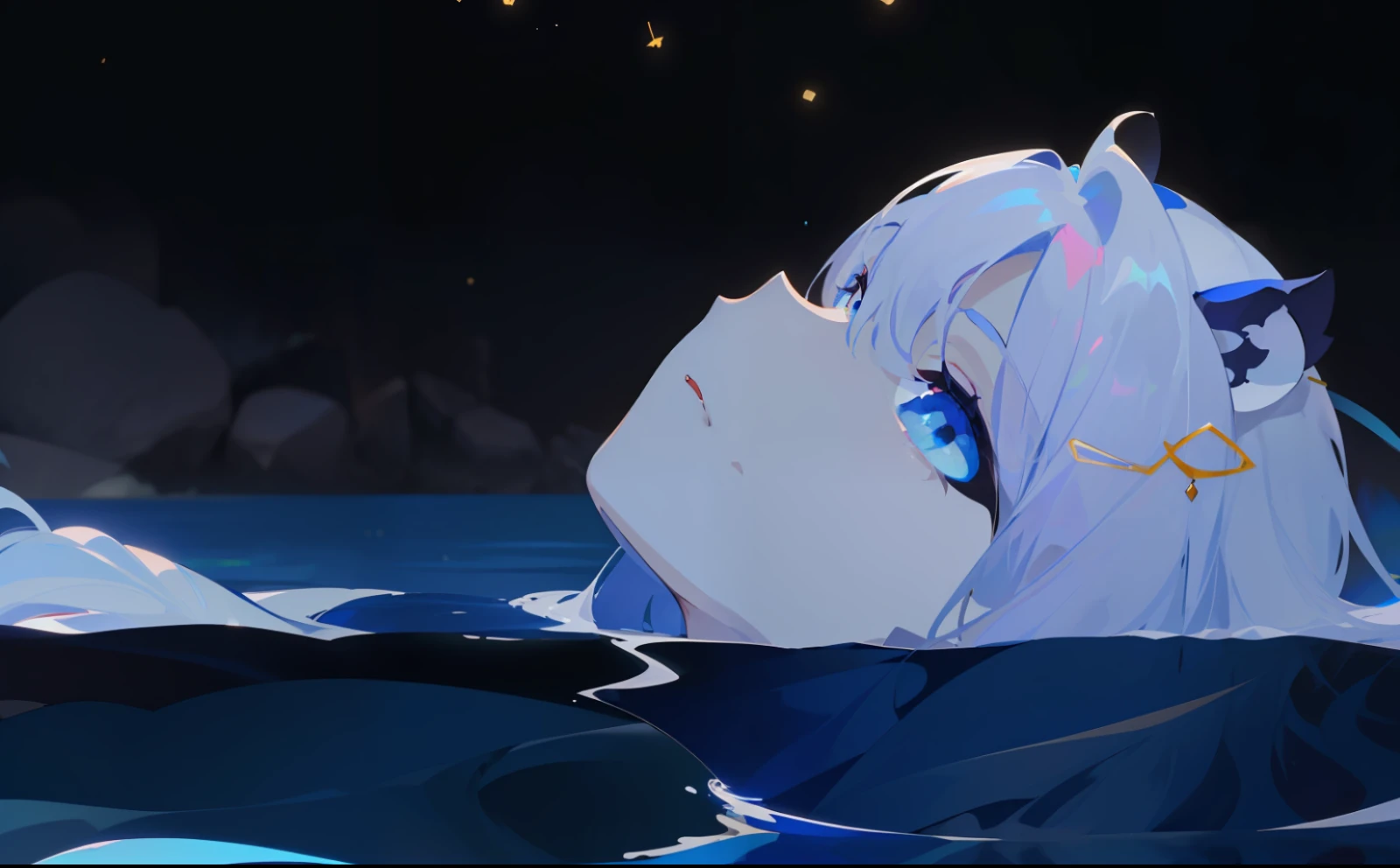 Anime image of a woman floating in the water with her head in the water, anime girl walking on the water, today's featured anime stills, (( ( ( ( Yoshinari Yoh ) ) ), animated stills, anime movie screenshots, characters half in the water, beautiful anime scenes, in anime movies, screenshots of anime from the 2012s, 8k wallpapers, masterpieces, cinematic lighting, top quality, illustrations, dramatic angles, ((color: 1.1)), ((color in-hair: 1.4)), 1 girl, solo, long hair, water, blue eyes, necklace, parted lips, white necklace, ponytail, liquid hair, white hair, bangs, bangs, from side, silhouette, upper body, blue hair, simple background, gray background, bare shoulders, portrait, looking at the audience, white dress, between hair, colorful hair, white background, earrings, jewelry