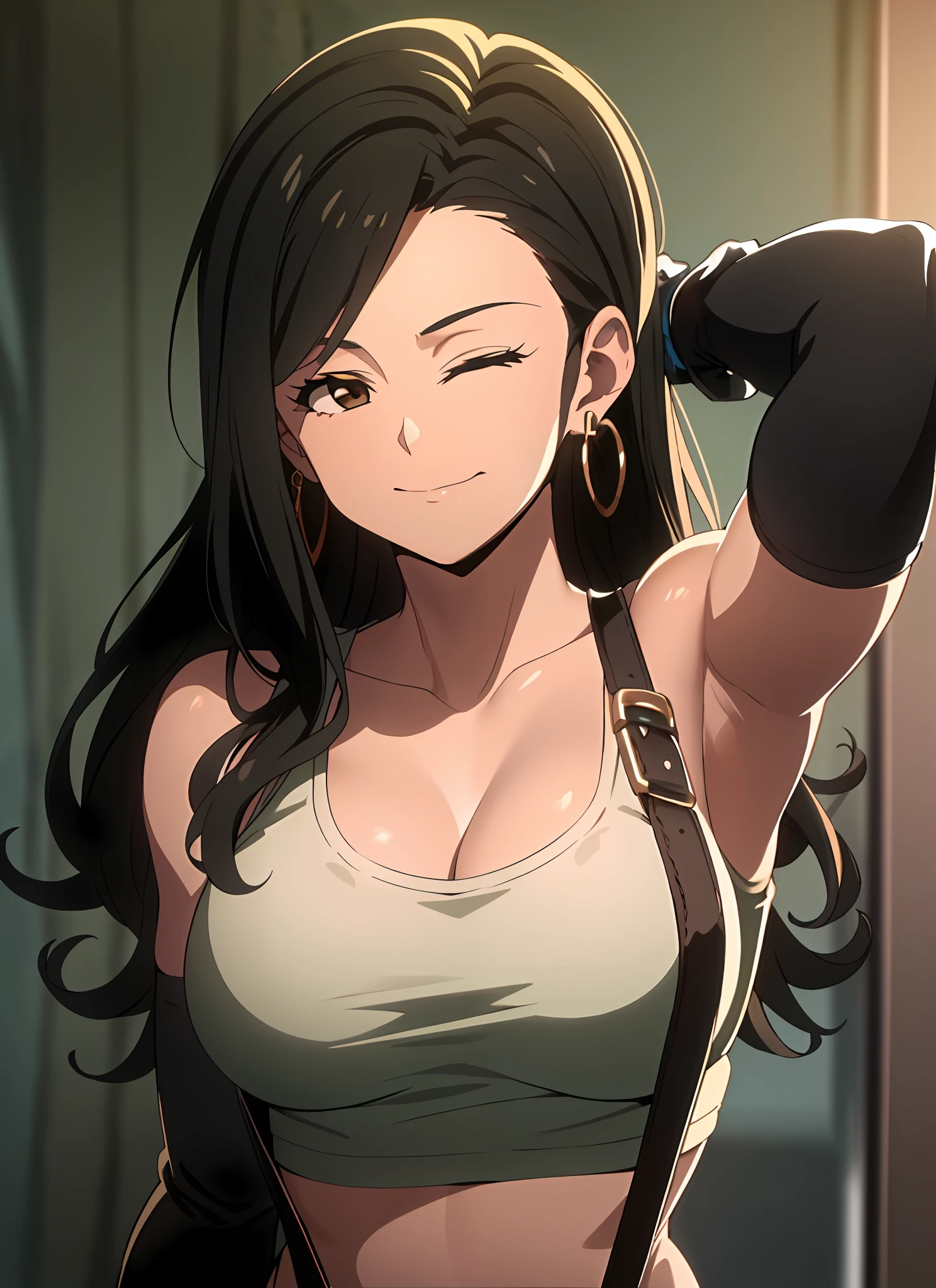 promisedNeverland tifa lockhart, 1girl, thick lips, arm up, armpits, artist name, belt, black hair, breasts, brown eyes, cleavage, closed mouth, collarbone, cowboy shot, crop top, earrings, elbow gloves, elbow pads, gloves, jewelry, large breasts, lips, long hair, low-tied long hair, midriff, navel, one eye closed, outdoors, skirt, smile, solo, stomach, suspenders, tank top, upper body, ((masterpiece))