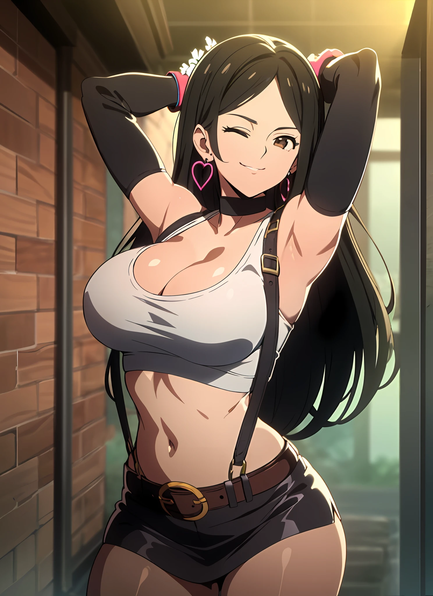 promisedNeverland tifa lockhart, 1girl, thick lips, arm up, armpits, artist name, belt, black hair, breasts, brown eyes, cleavage, closed mouth, collarbone, cowboy shot, crop top, earrings, elbow gloves, elbow pads, gloves, jewelry, large breasts, lips, long hair, low-tied long hair, midriff, navel, one eye closed, outdoors, skirt, smile, solo, stomach, suspenders, tank top, upper body, ((masterpiece))