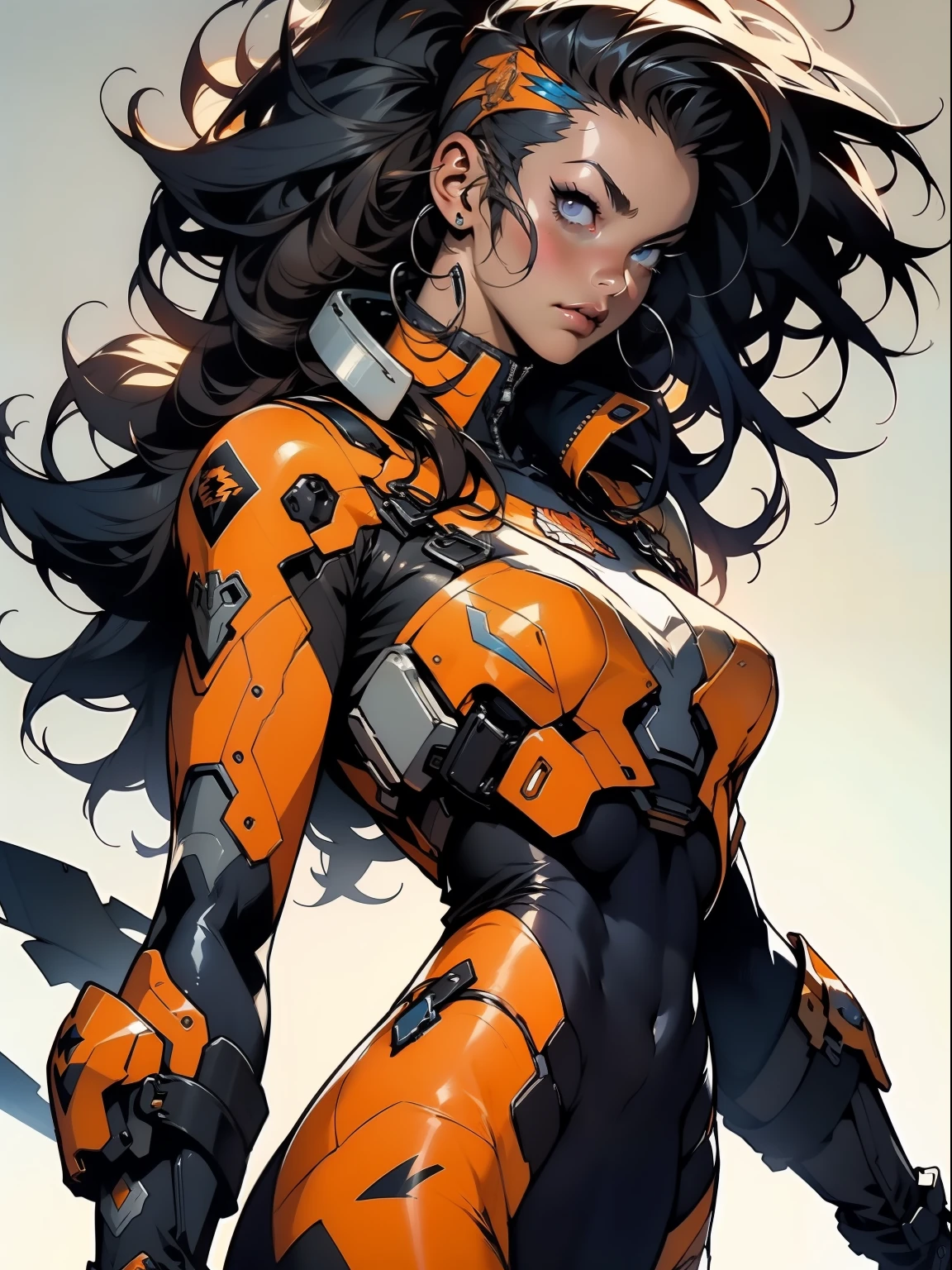 (((woman))), (((best quality))), (((masterpiece))), (((adult))), A muscular 35-year-old warrior woman nearly naked in Simon Bisley's urban savage style for the cover of Heavy Metal magazine, colorful mohawk hair, Minimal clothing, orange and blue carbon fiber armor full of ink-stained spikes and rivets,