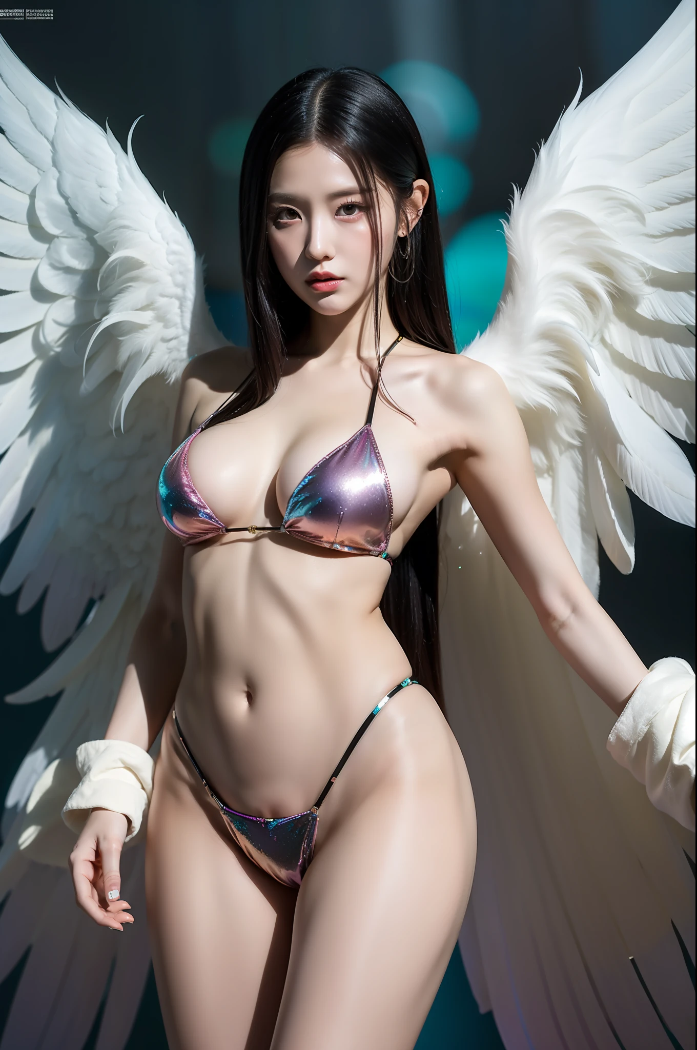 8k, raw, perfect lighting effects, psychedelic background, beauty with angel wings, bulging pubic bone, slender legs, seduction