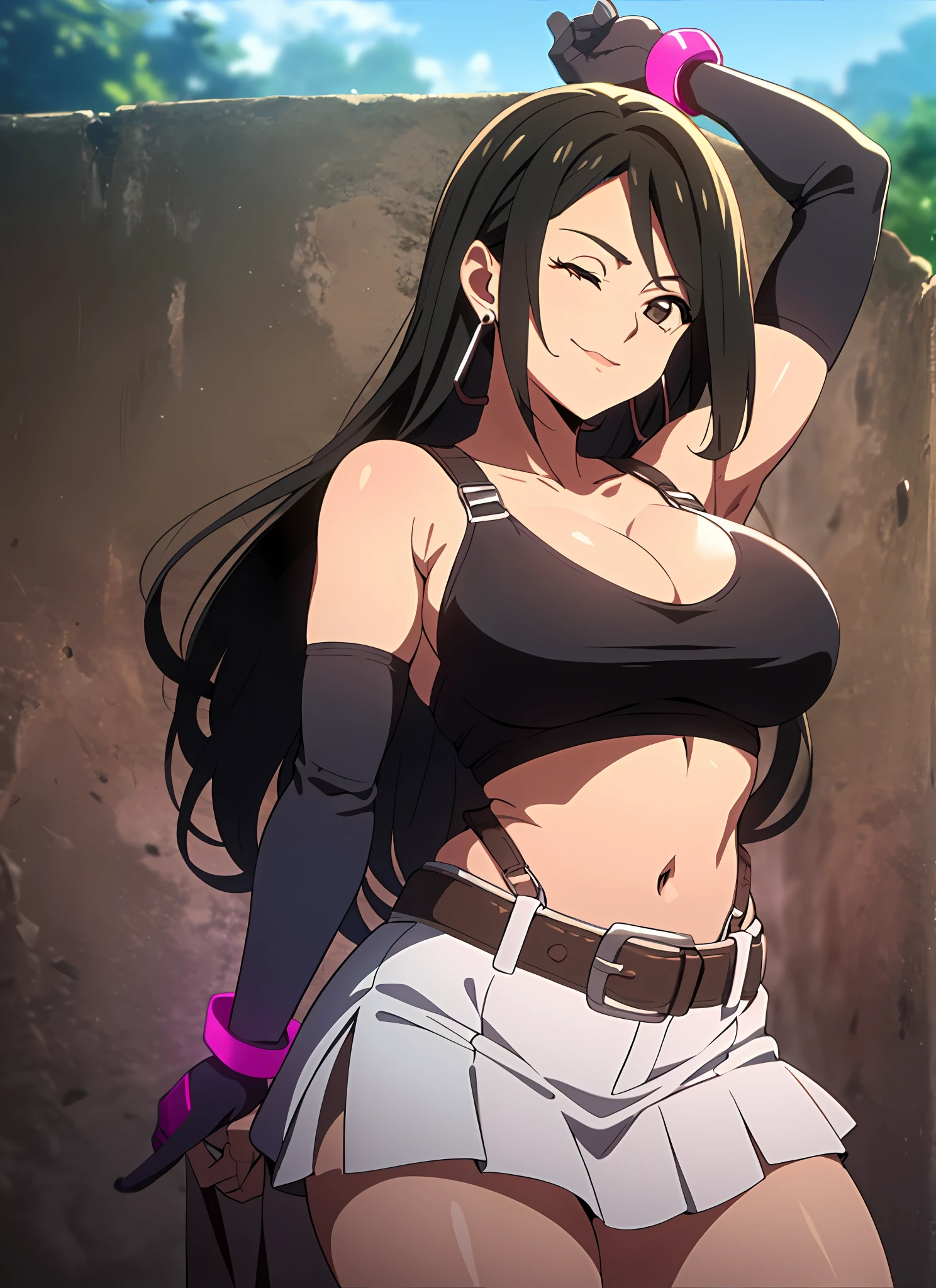 promisedNeverland tifa lockhart, 1girl, thick lips, arm up, armpits, artist name, belt, black hair, breasts, brown eyes, cleavage, closed mouth, collarbone, cowboy shot, crop top, earrings, elbow gloves, elbow pads, gloves, jewelry, large breasts, lips, long hair, low-tied long hair, midriff, navel, one eye closed, outdoors, skirt, smile, solo, stomach, suspenders, tank top, upper body, ((masterpiece))