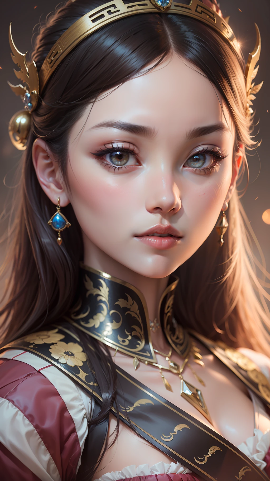 1 girl, east asian queen, pretty face, realistic face, pale skin, jewelry, princess dress, long hair, colorful background, sharp focus, looking at viewer, photography, cinematic lighting, warm lighting, 8k, best quality, high resolution