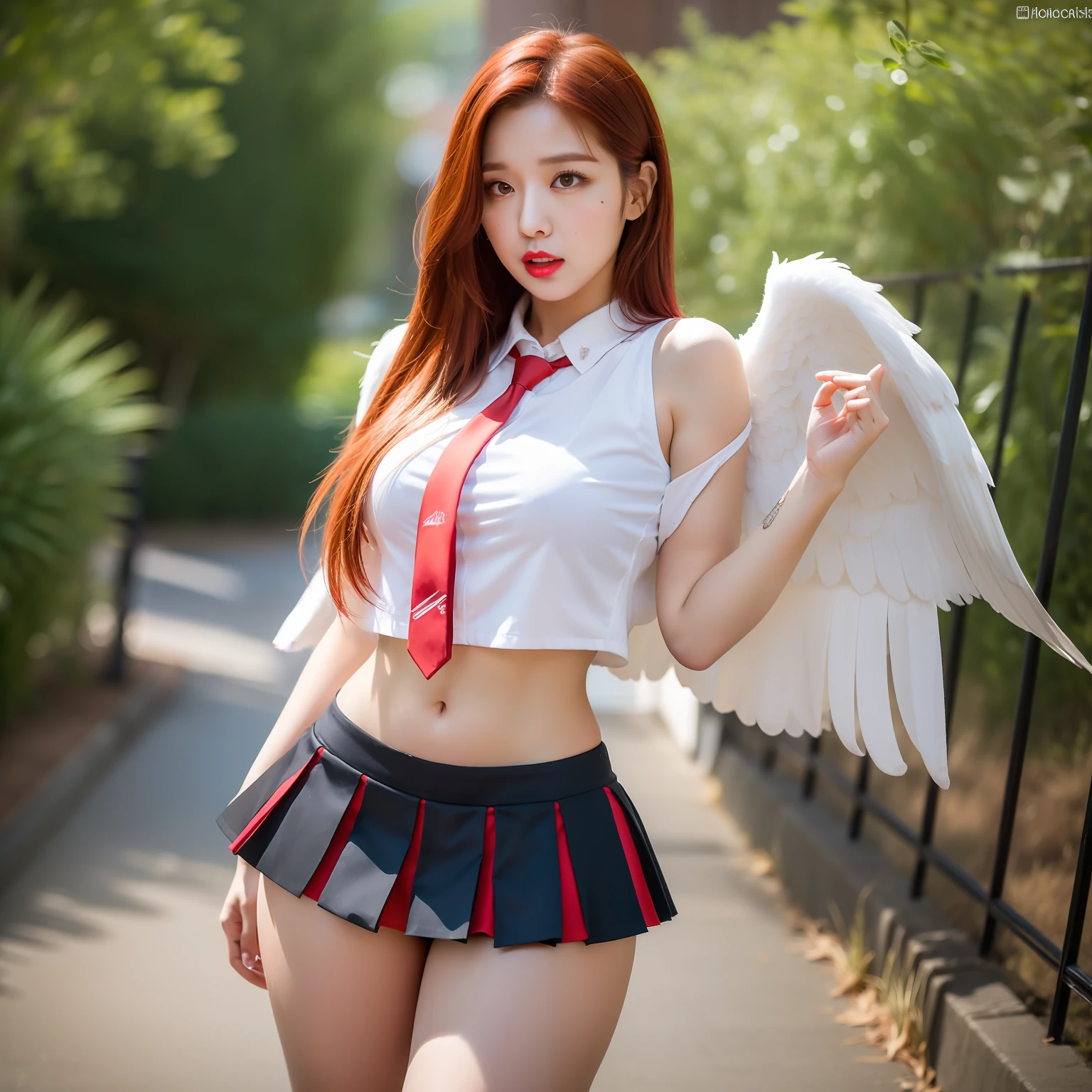 beautiful red-haired woman with long, straight hair falling under her shoulder, wings, with angel wings, wearing high school clothes, blouse with red tie and red mini skirt, black socks that go up to the knees and all star sneakers, red makeup around the eyes making a drawing on the face, purple eyes,  red lipstick, a mole on the left side of the mouth, perfect face, expression of shame, cute expression, perfect body, round chest, big ass, thick thighs, whole body, detailed scenery, detailed photo, masterpiece, 8k, raw photo, perfect lighting