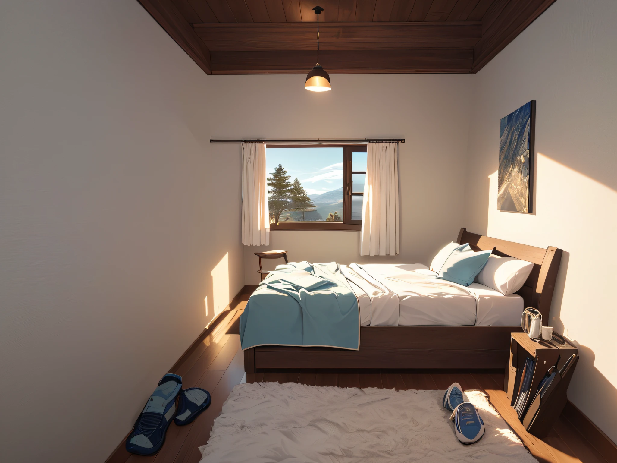 Masterpiece, best quality, high quality, very detailed CG uniform 8k wallpaper, bedroom, indoor, daytime, no humans, fit, landscape, bokeh, HDR, bloom, chromatic aberration, realism, very detailed, trends on artstation, trends on CGsociety, High Detail, technology, comfory, pixiv, room full of off-white white, Just one bed, cartoon, warm light, Colorless wallpaper, open hangers, beautiful youth clothing, landscape, modern simplicity,