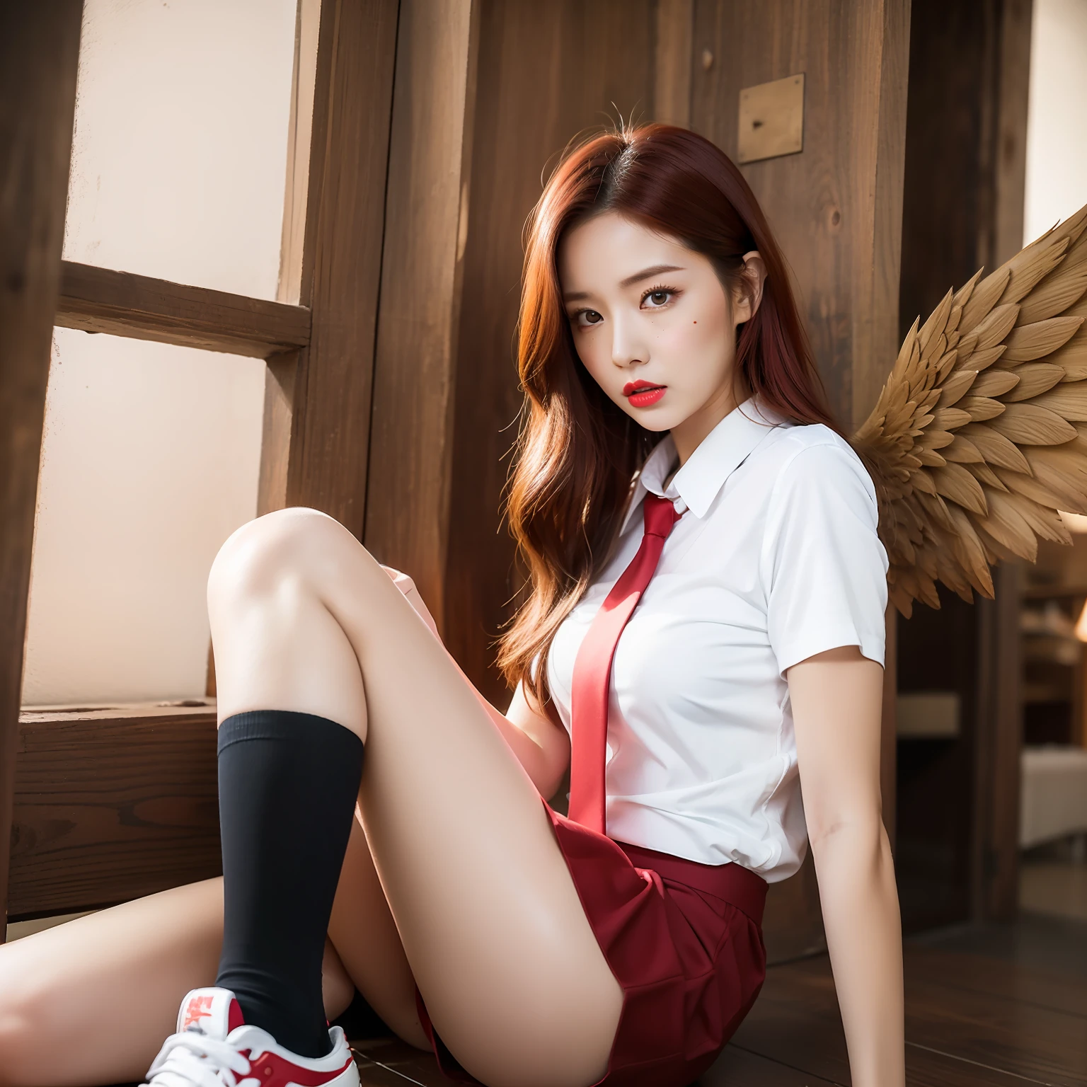 beautiful red-haired woman with long, straight hair falling under her shoulder, wings, with angel wings, wearing high school clothes, blouse with red tie and red mini skirt, black socks that go up to the knees and all star sneakers, red makeup around the eyes making a drawing on the face, purple eyes, red lipstick, a mole on the left side of the mouth, perfect face, expression of shame, cute expression, perfect body, round chest, big ass, thick thighs, whole body, detailed scenery, detailed photo, masterpiece, 8k, raw photo, perfect lighting