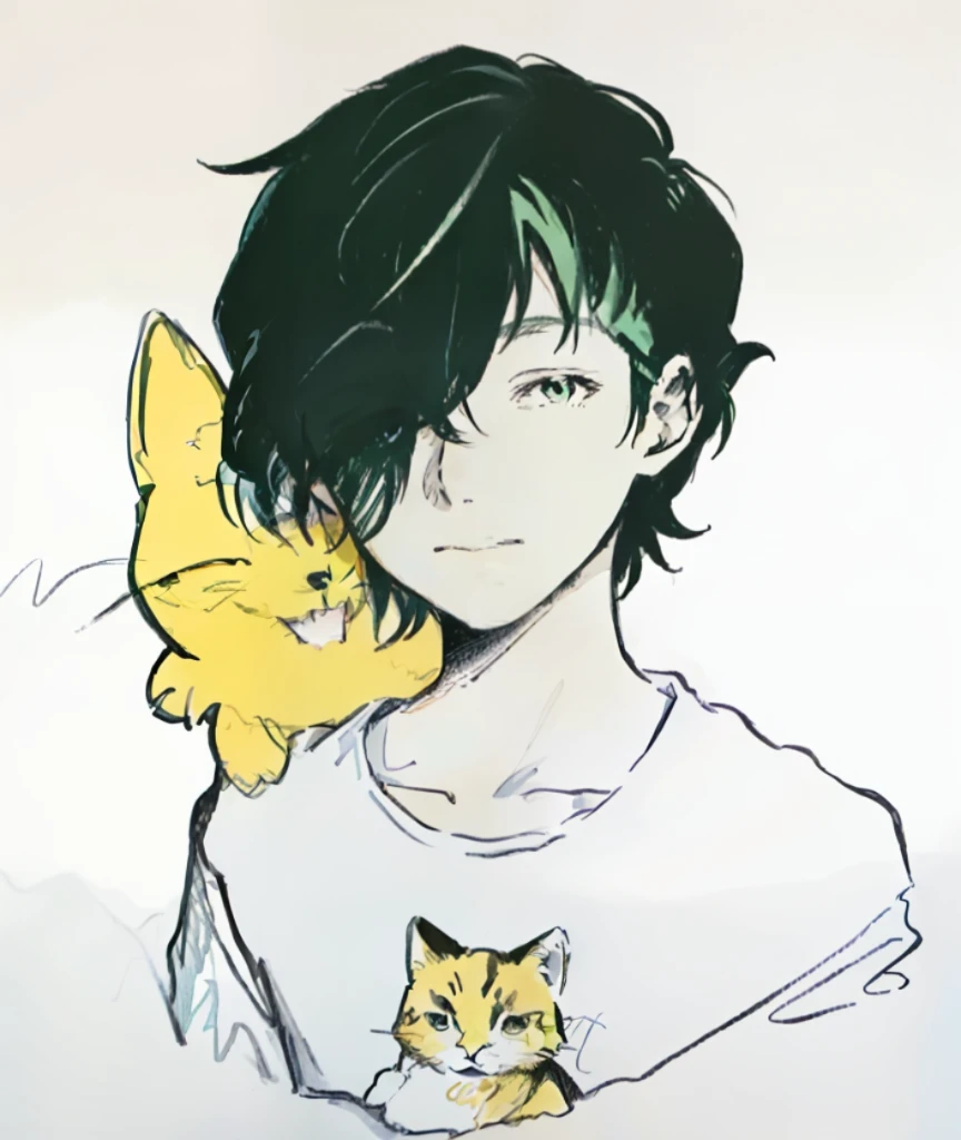 a cartoon picture of a man with green hair and a cat, in an anime style, in anime style, 2 d anime style, as an anime character, anime style character, kentaro miura manga art style, male anime style, in japanese anime style, kentaro miura art style, trigger anime artstyle, semirealistic anime style, anime style only