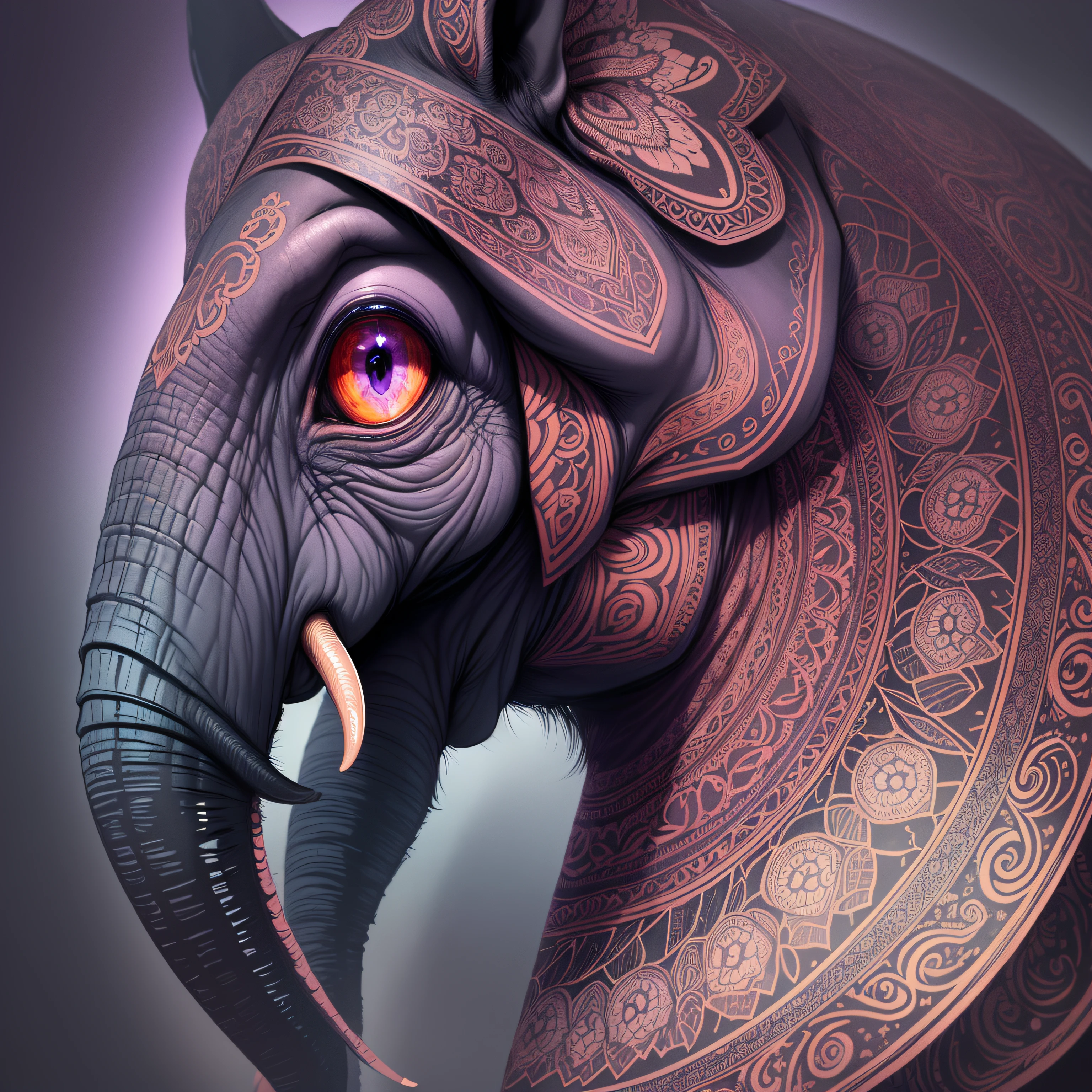 (best quality) ultra-detailed, an elephant, intricate linework, highly detailed illustration, perfect composition, beautiful and stunning, dynamic angle, high contrast, incredible shading, incredible detail, unique style, red and purple details, (dark and mystical atmosphere), intricate and detailed nature elements. --auto --s2