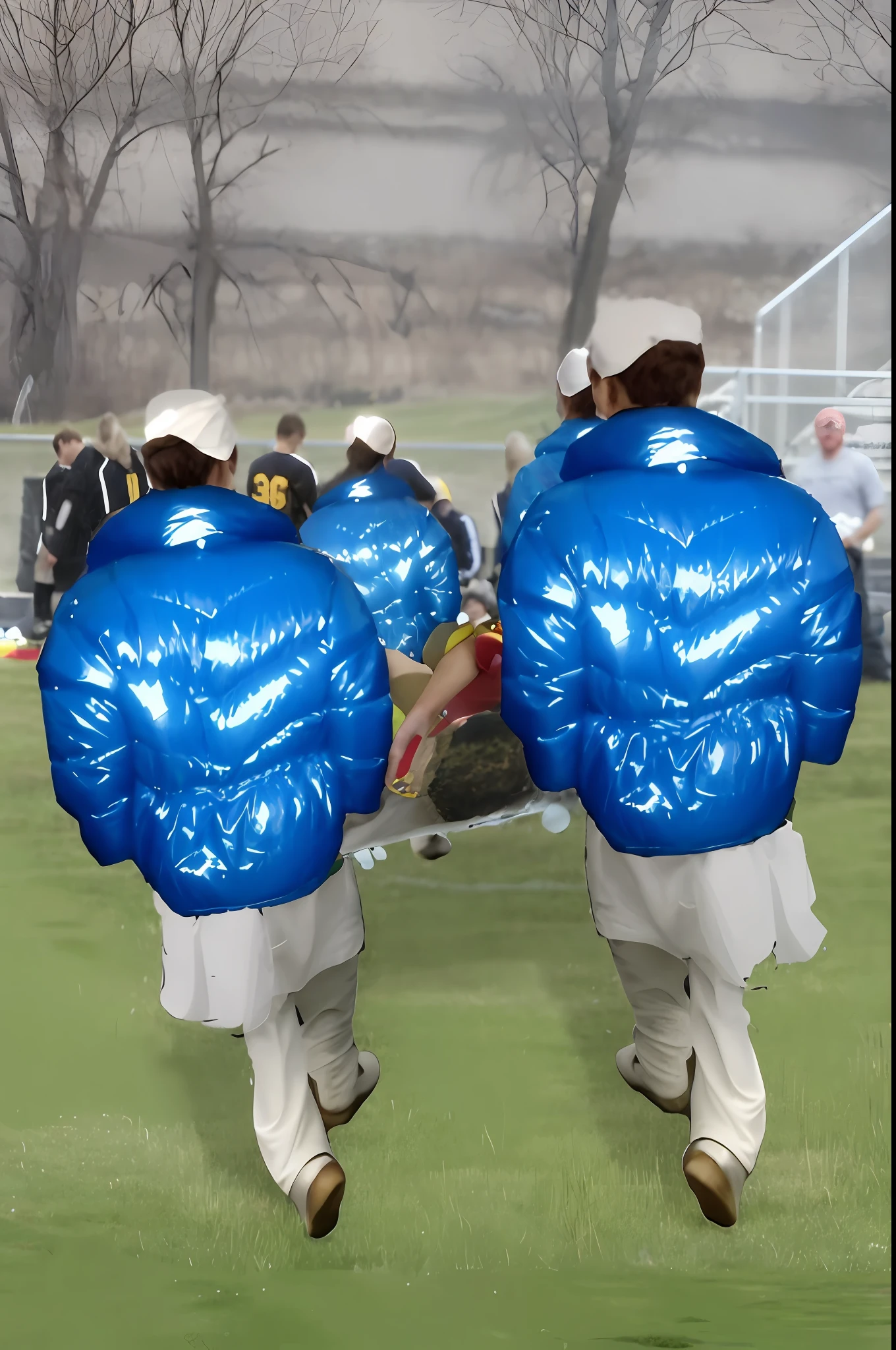 They run with a blue jacket in the grass, future inflatable jacket, close-up photography, close-up, koons, insanely inflated hips, inflatable shoes of the future, foil, digitally painted, costume, freezing, lol, football, [ Digital art, edited, glitch in the matrix, 2 0 0 8, 2008, photo shot, threatening!!