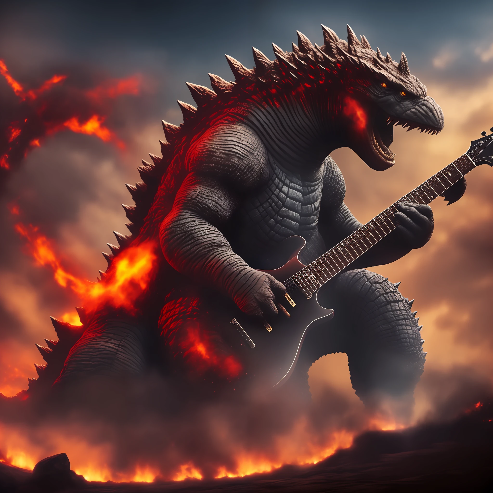 Detailed, 4K,Godzilla, playing guitar