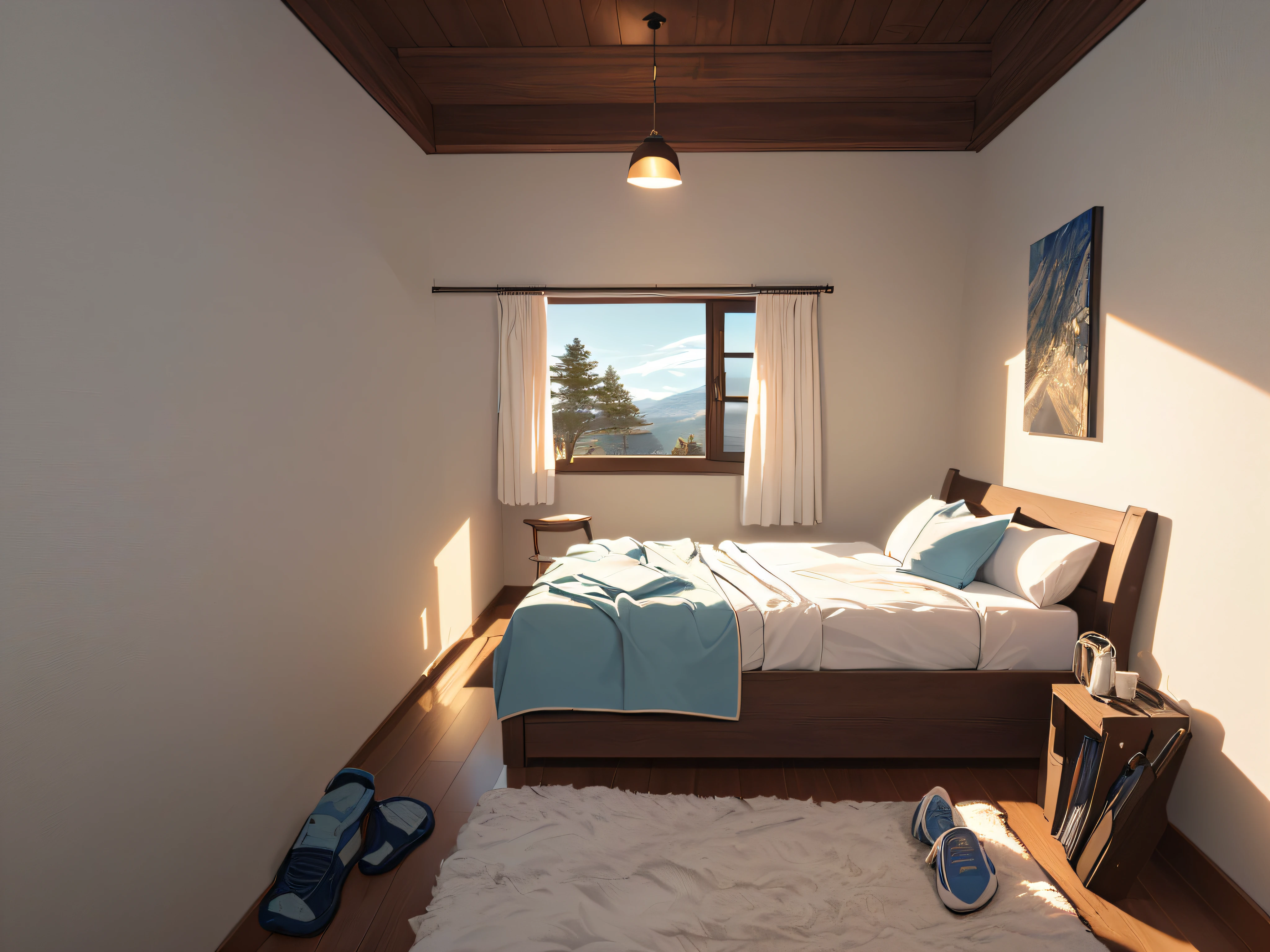 Masterpiece, best quality, high quality, very detailed CG uniform 8k wallpaper, bedroom, indoor, daytime, no humans, fit, landscape, bokeh, HDR, bloom, chromatic aberration, realism, very detailed, trends on artstation, trends on CGsociety, High Detail, technology, comfory, pixiv, room full of off-white white, Just one bed, cartoon, warm light, Colorless wallpaper, open hangers, beautiful youth clothing, landscape, modern simplicity,