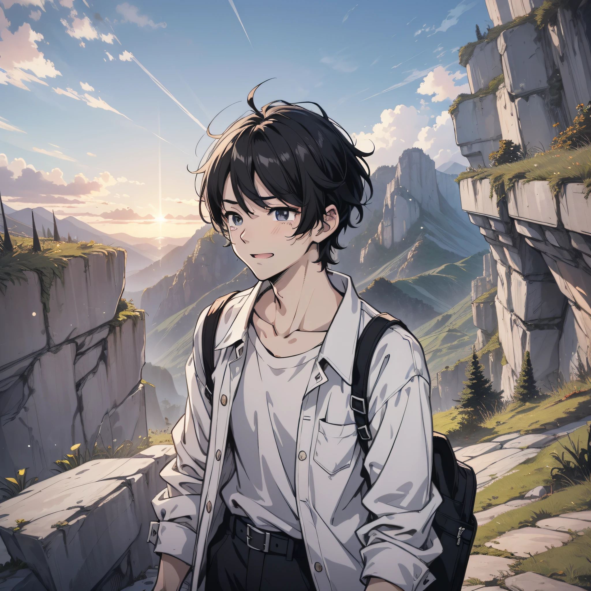 A young anime guy with short black hair and a white shirt about 20 years old standing on the top of the mountain with happy tears, (laughing cry 1.5) (tears 1.5) (background is cliff 1.5) anime style 4 K, anime rendering, anime style. 8k, handsome anime face (upper body display 1.5) (handsome boy 1.3) (cinematic light 1.5)