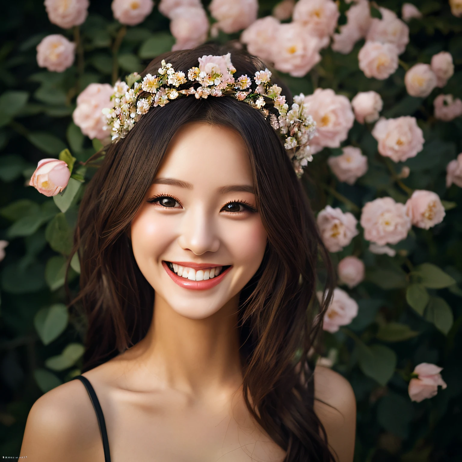 Beautiful woman with flowers and a crown of flowers in her hair, (smiling as much as possible:1.5), hair flyer, (black hair: 1.5), (black eyes: 1.5), (Japan people: 1.0), flower storm portrait, flower woman, hair flower, hair flower, flower girl, flower goddess, beautiful portrait photo, girl with flower head, perky woman made of petals, portrait of a woman with flowers, Girl at the front of the flower garden