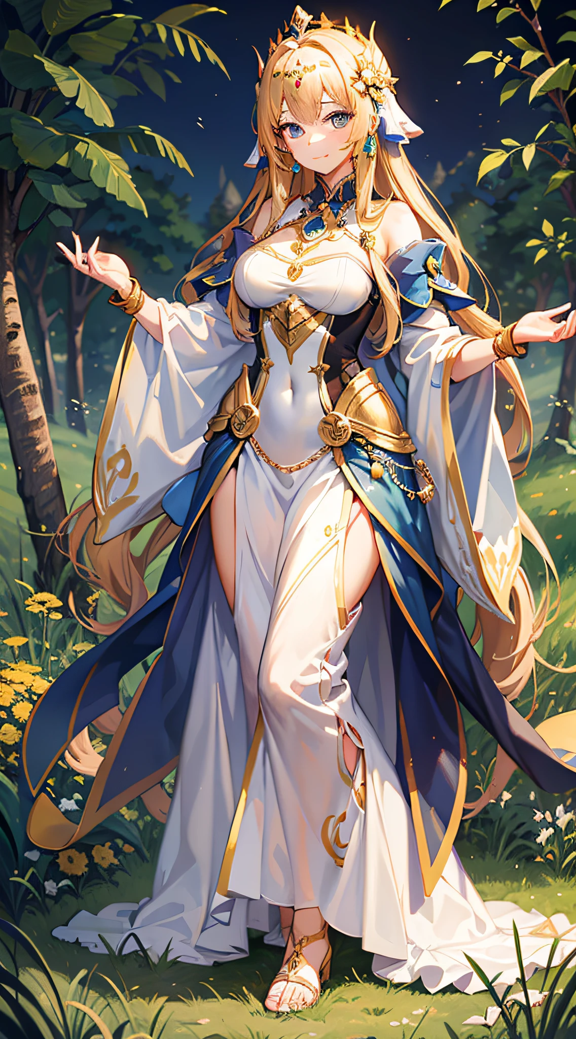 Princess of the Sun Priestess Standing in Golden Rice Meadow, Beautiful Girl, Full Body, High Quality, Masterpiece