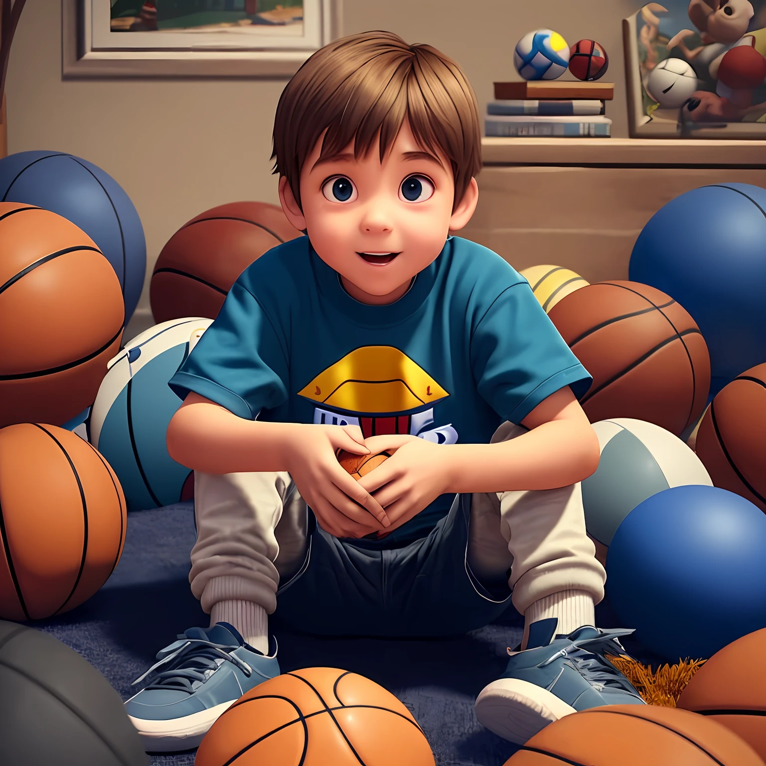 Little boy seen from the front sitting in the room, surrounded by many basketballs, Pixar style, 3D style, Disney style, 8k, cute --auto