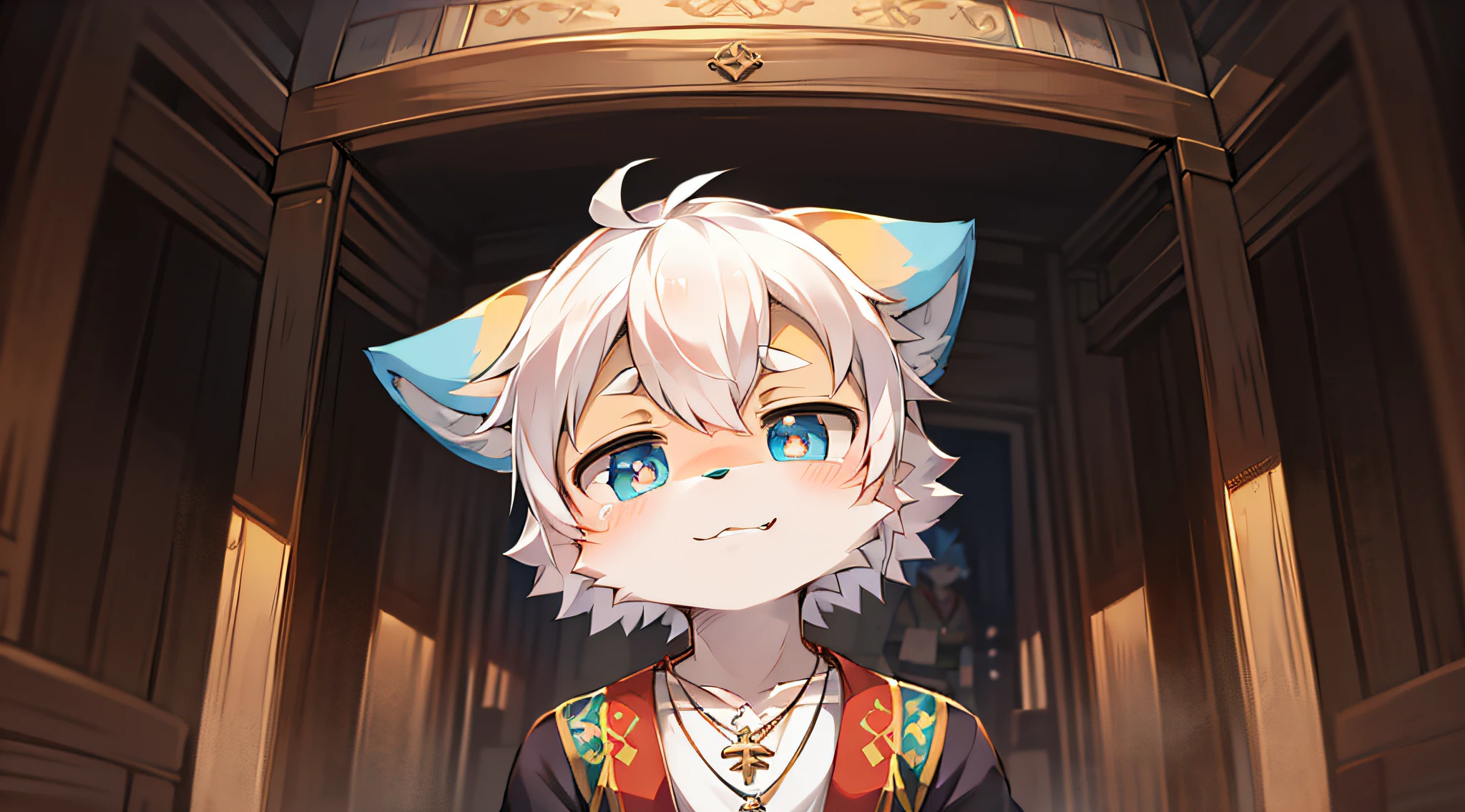 Intense light and shadow, 8K, depth of field, unreal, Tibetan architecture, perfect composition, anime boy with white hair and wearing Tibetan costume and necklace, furry, , cute, fox, blue ears, shota, different pupils