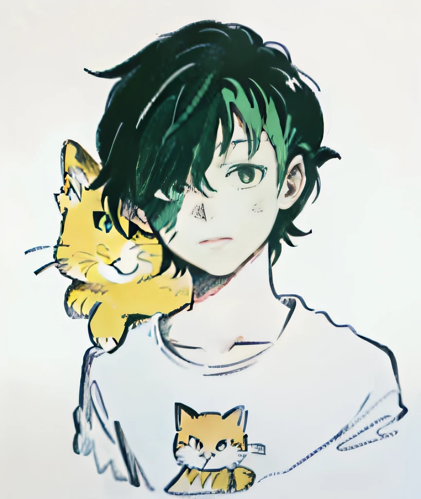 Cartoon picture of a man with green hair and a cat, anime style, anime style, 2 D anime style, as anime character, anime style character, Kentaro Miura manga art style, male anime style, Japanese anime style, Kentaro Miura art style, trigger anime art style, semi-realistic anime style, anime style only, beautiful pupils