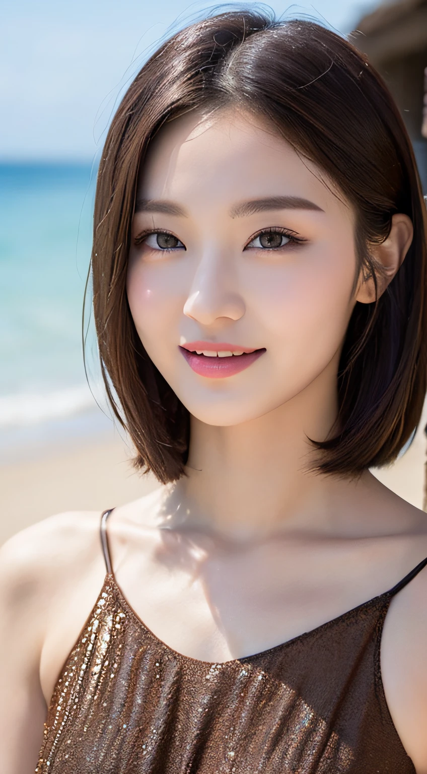 ((Best Quality, 8k, Masterpiece: 1.3)), 1 girl, smile, full body, slim face, pretty woman, (short dark brown hair), full length dress :1.1, super detailed face, detailed eyes, double eyelids, blurred background, slim face, sea, beach,