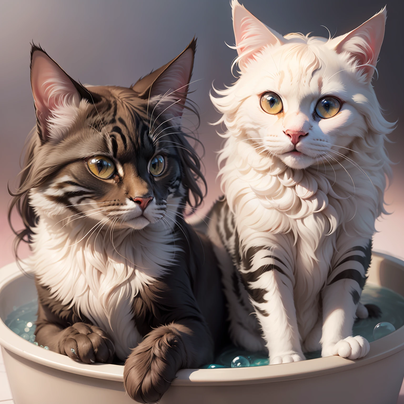 Realistic style, long-haired cat bath, lots of bubbles, pink background