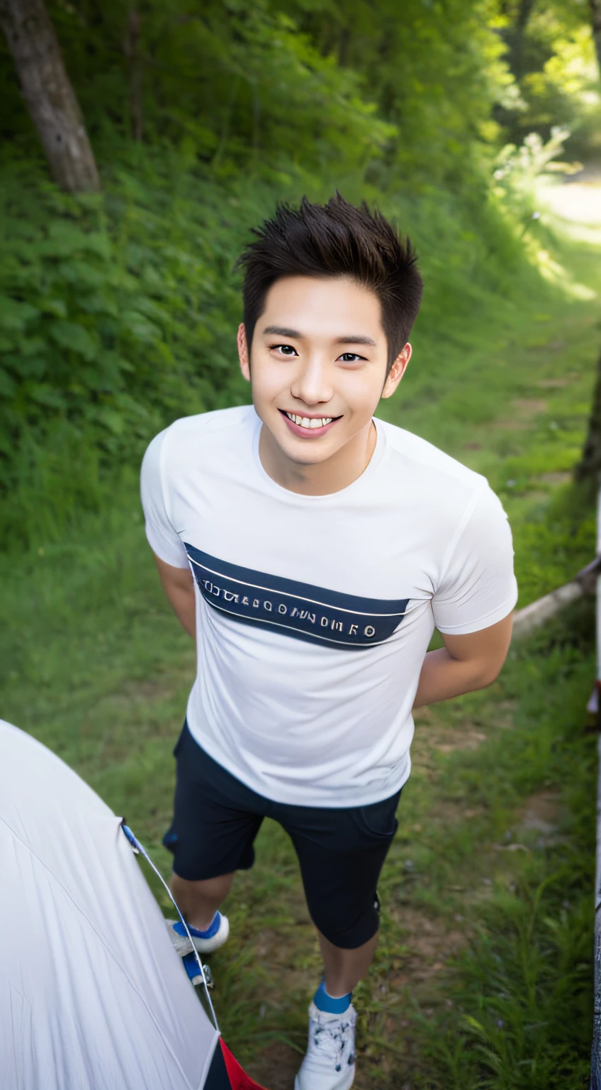 Male, about 25 years old, smile, sharp focus, full body (1.5), summer, shirt, wonderful, camping, from above