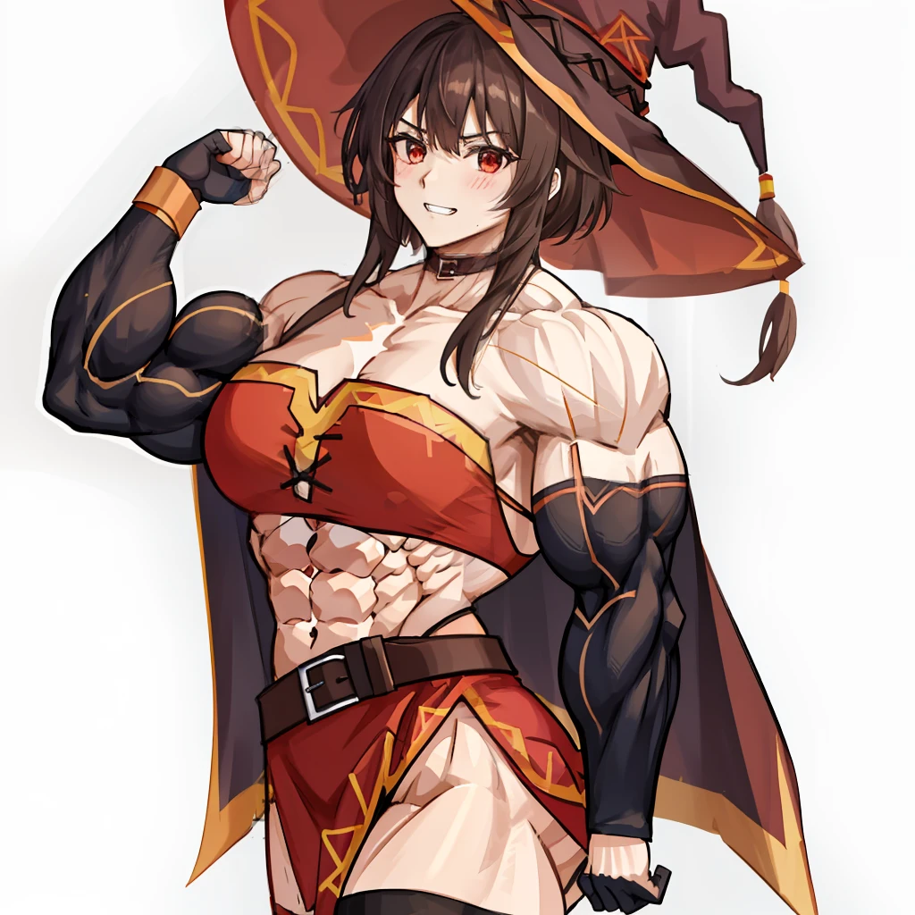 megumin, kono subarashii sekai ni shukufuku wo!, 1girl, solo, standing, looking at viewer, hat, witch hat, brown hair, short hair with long locks, red eyes, blush, evil grin, black choker, collarbone, flat chest, off-shoulder dress, dress, red dress, brown cape, long sleeves, black gloves, fingerless gloves, belt, brown belt, gold trim, zettai ryouiki, skindentation, (asymmetrical legwear:1.4), mismatched legwear, (bandaged leg:1.3), black thighhighs, (arms behind back:1.3), (bodybuilder:1.6), large shoulders, flex, biceps, abs, quads, erotic, sexy, satisfaction, domination, female, domination, (erotic angle), (erotic pose),