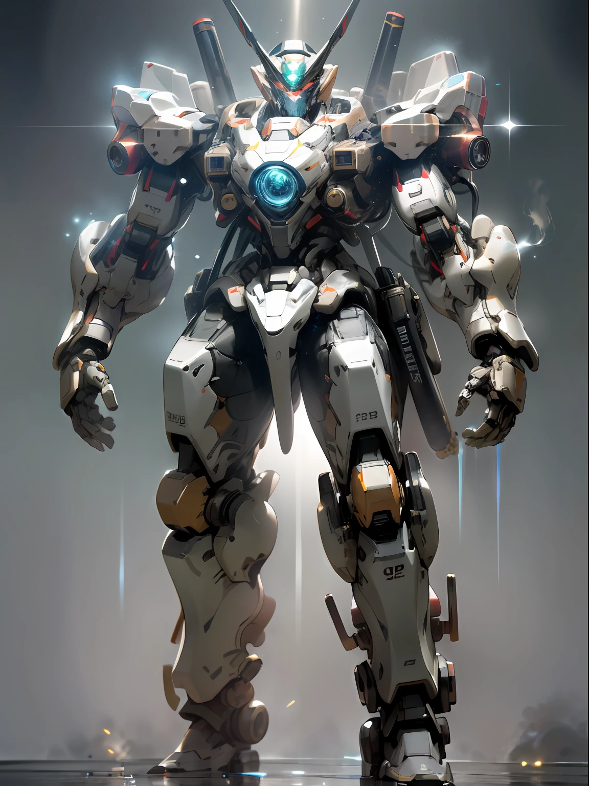 8K, Super Clear Quality, Gilded Mech Texture, Metallic Reflection, Diffuse Reflection, Glowing Particles, Arafeld Robot with Glowing Head and Arms Standing in front of Gray Background, Alexander Fira White Mech, Mecha Set, Alexander Ferra Mecha, Painting Humanoid Mech, Mecha Art, Mecha Inspiration, Cool Mecha Style, #机甲, White Mech, Full Body Mech, Fira White Mecha