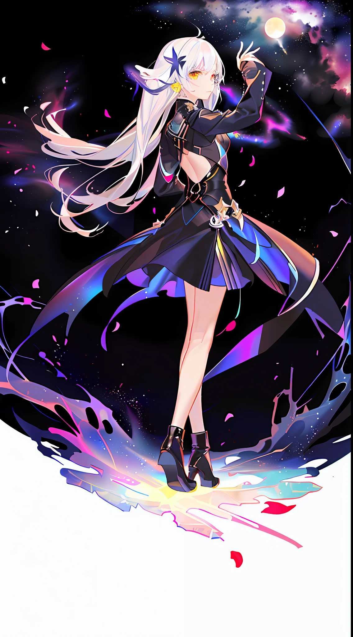 Extensive Landscape , (Looking Up and Down Below), Girl Standing in Flower Field Looking Up, (Full Moon:1.2), ( Shooting Star:0.9), (Nebula:1.3), Distant Mountains, Tree BREAK Artwork, (Warm Light Source:1.2), (Firefly:1. 2), Lamp, Lots of Purple and Orange, Fine Detail, Volume Lighting BREAK (Masterpiece:1.2), (Top Quality), 4k, Super Dense, (Dynamic Composition:1.4), Very Dense, Colorful Details, ( Iridescent:1.2), (Glowing Lighting, Atmospheric Lighting), Dreamy, Fantastic, (Solo:1.2), Glitter, Dancing Petals, White Hair, Beautiful Hair, long hair, cat ears, back view