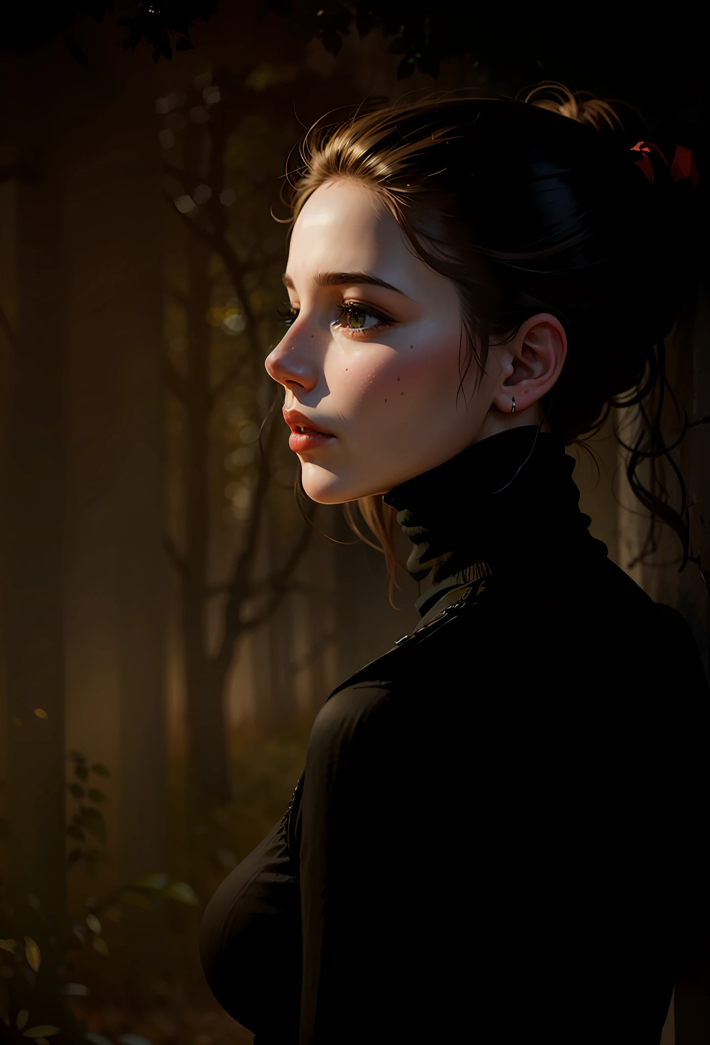 a hyper-realistic portrait of a young woman, under a tree, inside a forest, in the middle of nature, 22 years old, realistic, (lying on her side), sexy, (huge breasts 2:1), short brown hair, (hair tied with bows), curved, SFW