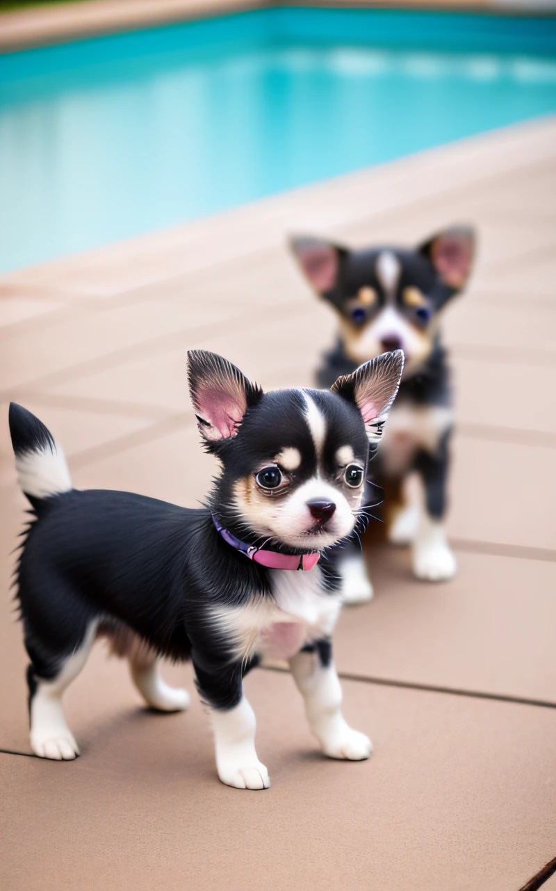 Hyper Quality,Cute two Chihuahua puppies,different body colors,swimming in the pool,barking,narrow eyes,smile,eos r3 28mm