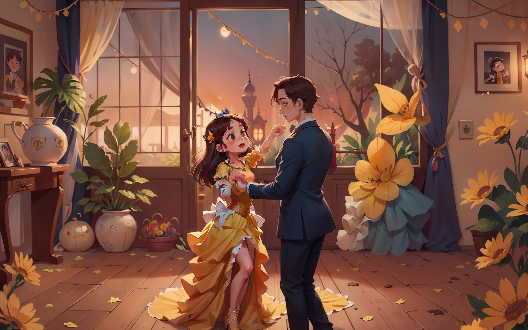 The princess in the yellow dress dances with the prince in blue
