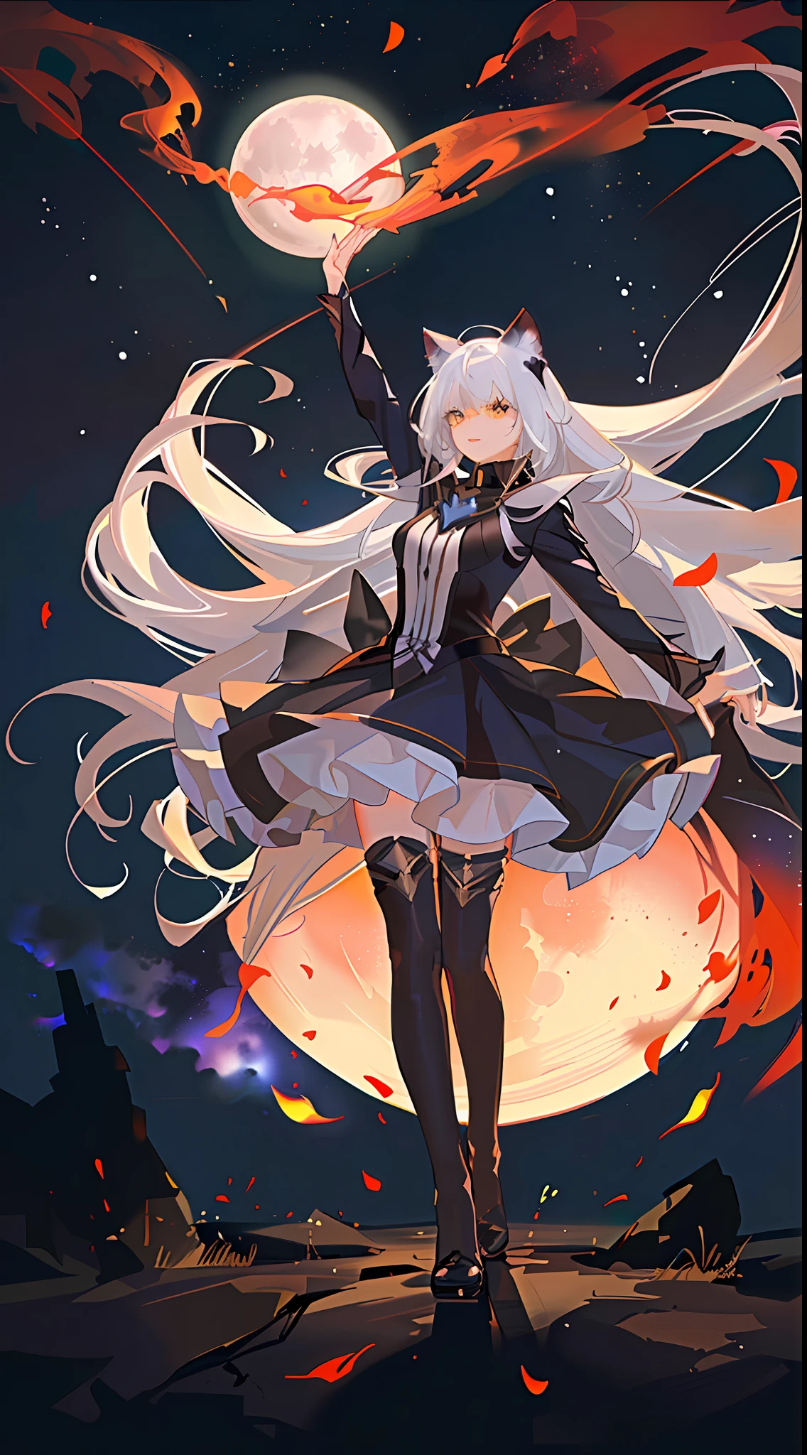 Extensive Landscape , (Looking Up and Down Below), Girl Standing in Flower Field Looking Up, (Full Moon:1.2), ( Shooting Star:0.9), (Nebula:1.3), Distant Mountains, Tree BREAK Artwork, (Warm Light Source:1.2), (Firefly:1. 2), Lamp, Lots of Purple and Orange, Fine Detail, Volume Lighting BREAK (Masterpiece:1.2), (Top Quality), 4k, Super Dense, (Dynamic Composition:1.4), Very Dense, Colorful Details, ( Iridescent:1.2), (Glowing Lighting, Atmospheric Lighting), Dreamy, Fantastic, (Solo:1.2), Glitter, Dancing Petals, White Hair, Beautiful Hair, long hair, cat ears