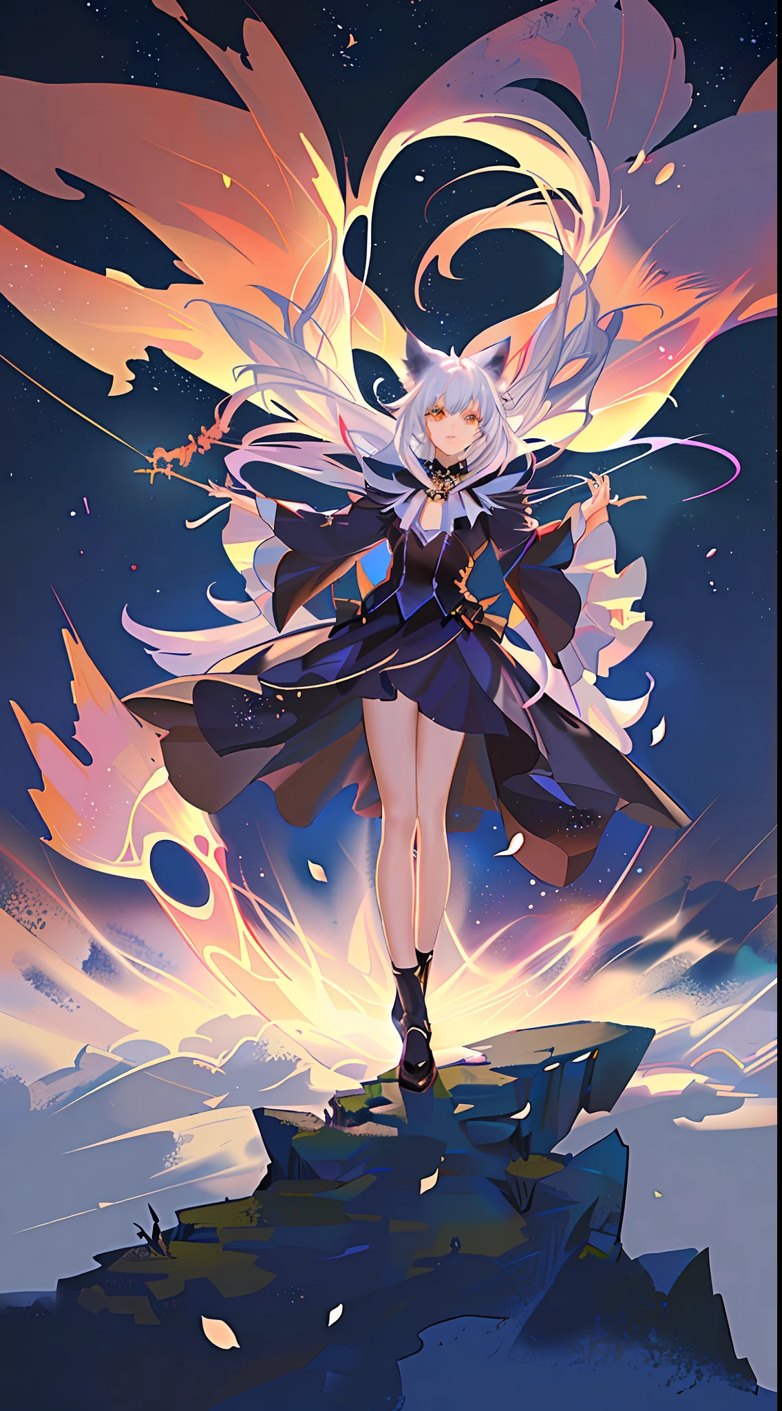 Extensive Landscape , (Looking Up and Down Below), Girl Standing in Flower Field Looking Up, (Full Moon:1.2), ( Shooting Star:0.9), (Nebula:1.3), Distant Mountains, Tree BREAK Artwork, (Warm Light Source:1.2), (Firefly:1. 2), Lamp, Lots of Purple and Orange, Fine Detail, Volume Lighting BREAK (Masterpiece:1.2), (Top Quality), 4k, Super Dense, (Dynamic Composition:1.4), Very Dense, Colorful Details, ( Iridescent:1.2), (Glowing Lighting, Atmospheric Lighting), Dreamy, Fantastic, (Solo:1.2), Glitter, Dancing Petals, White Hair, Beautiful Hair, long hair, cat ears