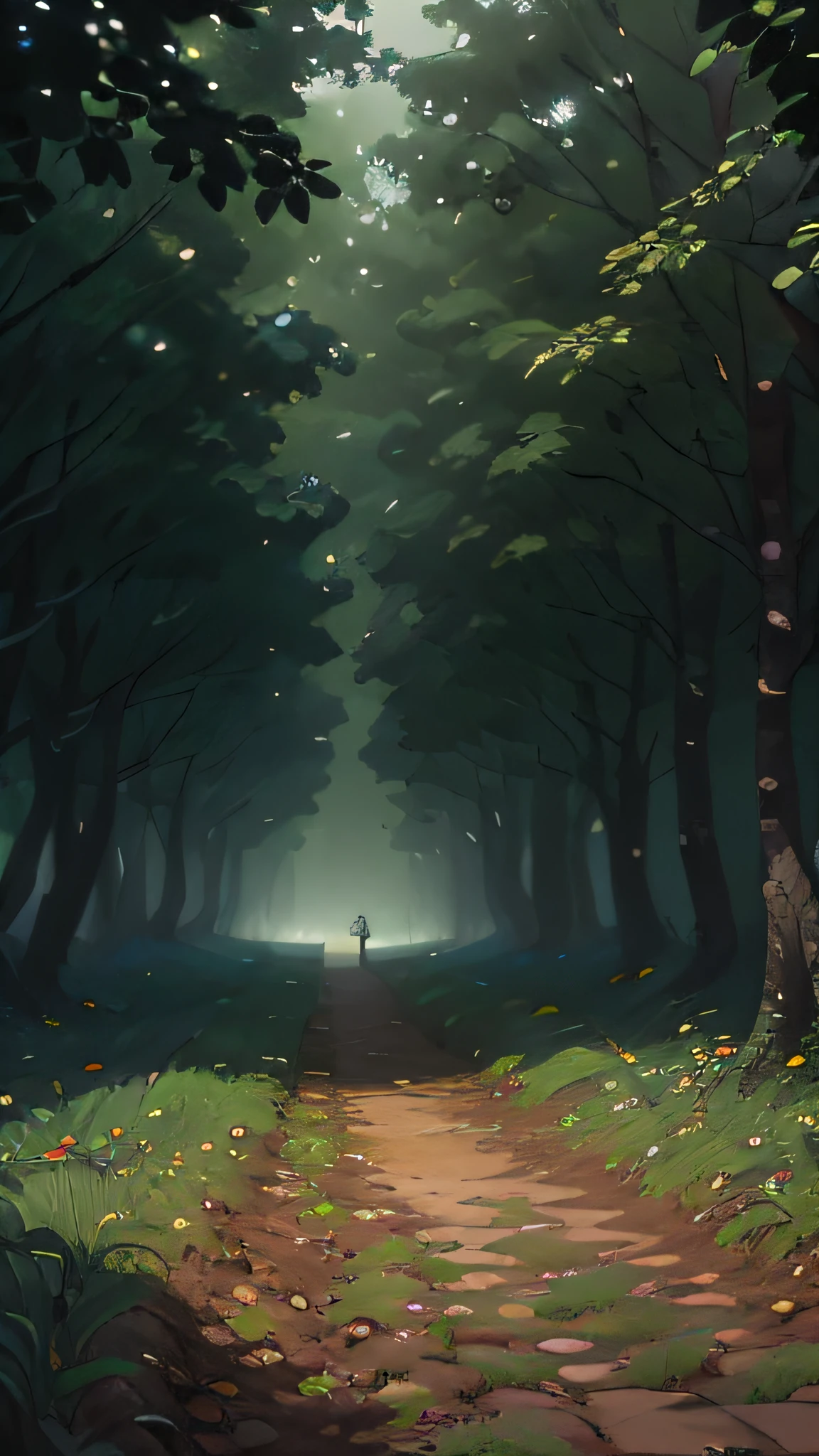 Extending to a path far away, the farthest harvest is a black spot, the farthest place is very deep and hazy, green woods, completely covered in nature, the ground is covered with fallen leaves, the feeling of a very long history, hedges, just rained, epic, freehand, high-grade lighting like oil painting, super three-dimensional