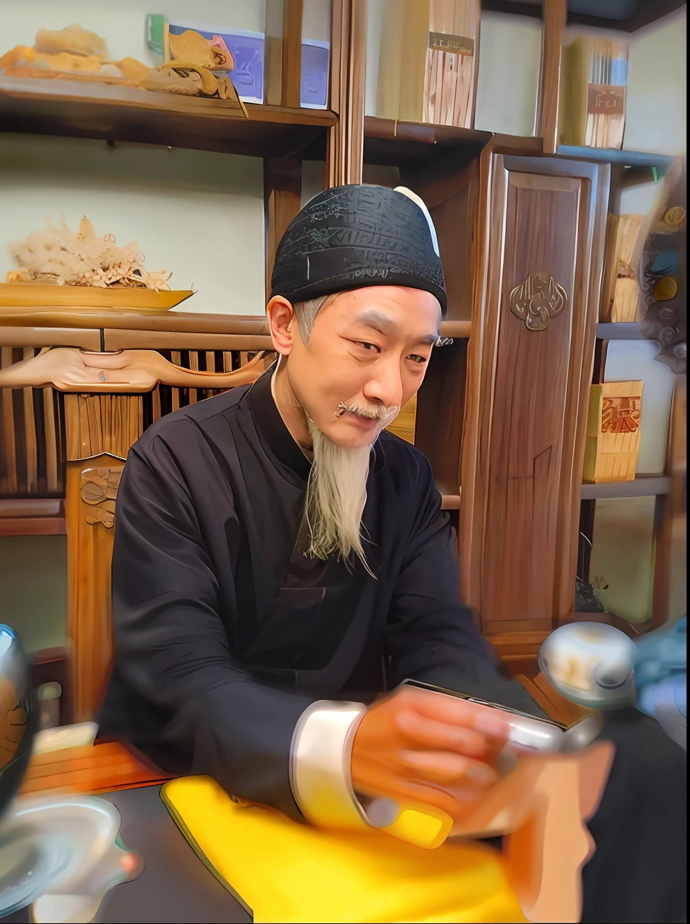 there is a man sitting at a table with a plate of food, taoist priest, chinese artist, inspired by Wu Daozi, he is about 8 0 , song nan li, lin hsiang, taoist master, dao trong le, inspired by Hu Zao, phong yintion j - jiang geping, zhang daqian --auto