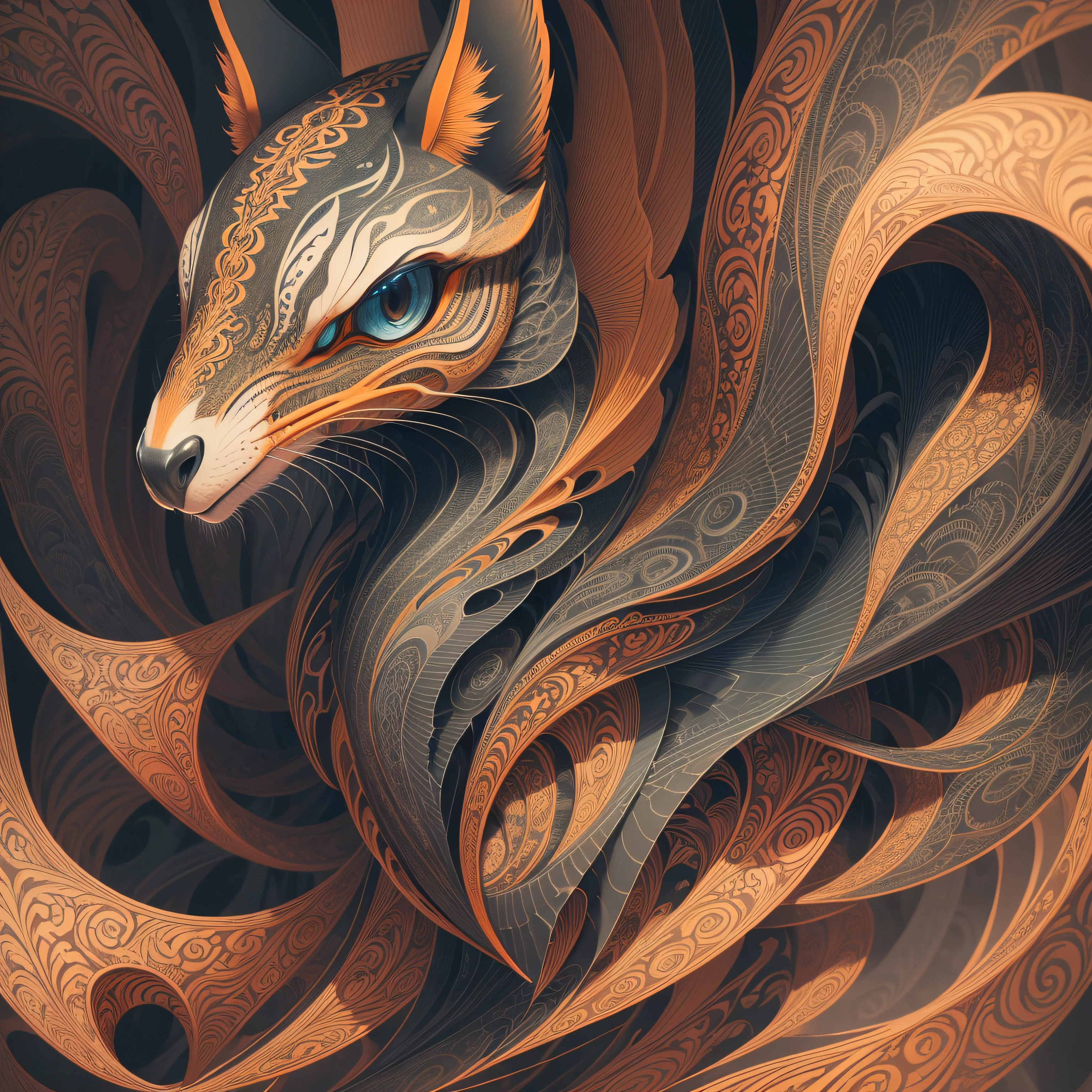 (best quality) Aaron Horkey, ultra-detailed, intricate linework, highly detailed illustration, perfect composition, beautiful and stunning, dynamic angle, high contrast, incredible shading, incredible detail, unique style, orange details, (dark and mystical atmosphere), intricate and detailed nature elements. --auto --s2