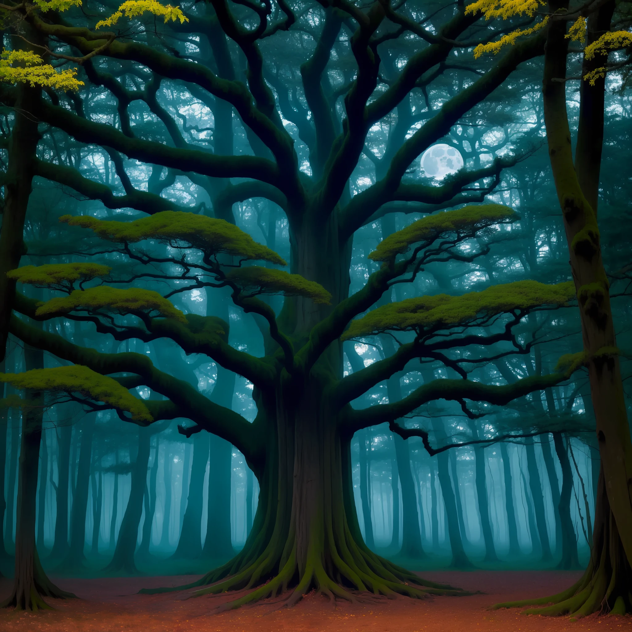 Design a cover for a fantasy novel set in a mystical forest. The title of the book is 'Twisted Wheels of Fate'. The cover should evoke a sense of magic and wonder, with a hint of danger. In the center, there's an ancient, majestic tree glowing with ethereal light. A mysterious figure, cloaked and carrying a black katana sword, stands in front of the tree. The moon shines brightly in the star-filled sky, casting long shadows on the forest floor.