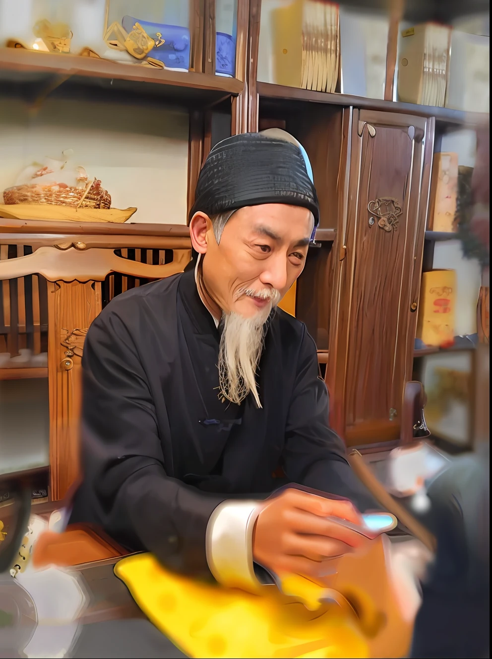 there is a man sitting at a table with a plate of food, taoist priest, chinese artist, inspired by Wu Daozi, he is about 8 0 , song nan li, lin hsiang, taoist master, dao trong le, inspired by Hu Zao, phong yintion j - jiang geping, zhang daqian --auto