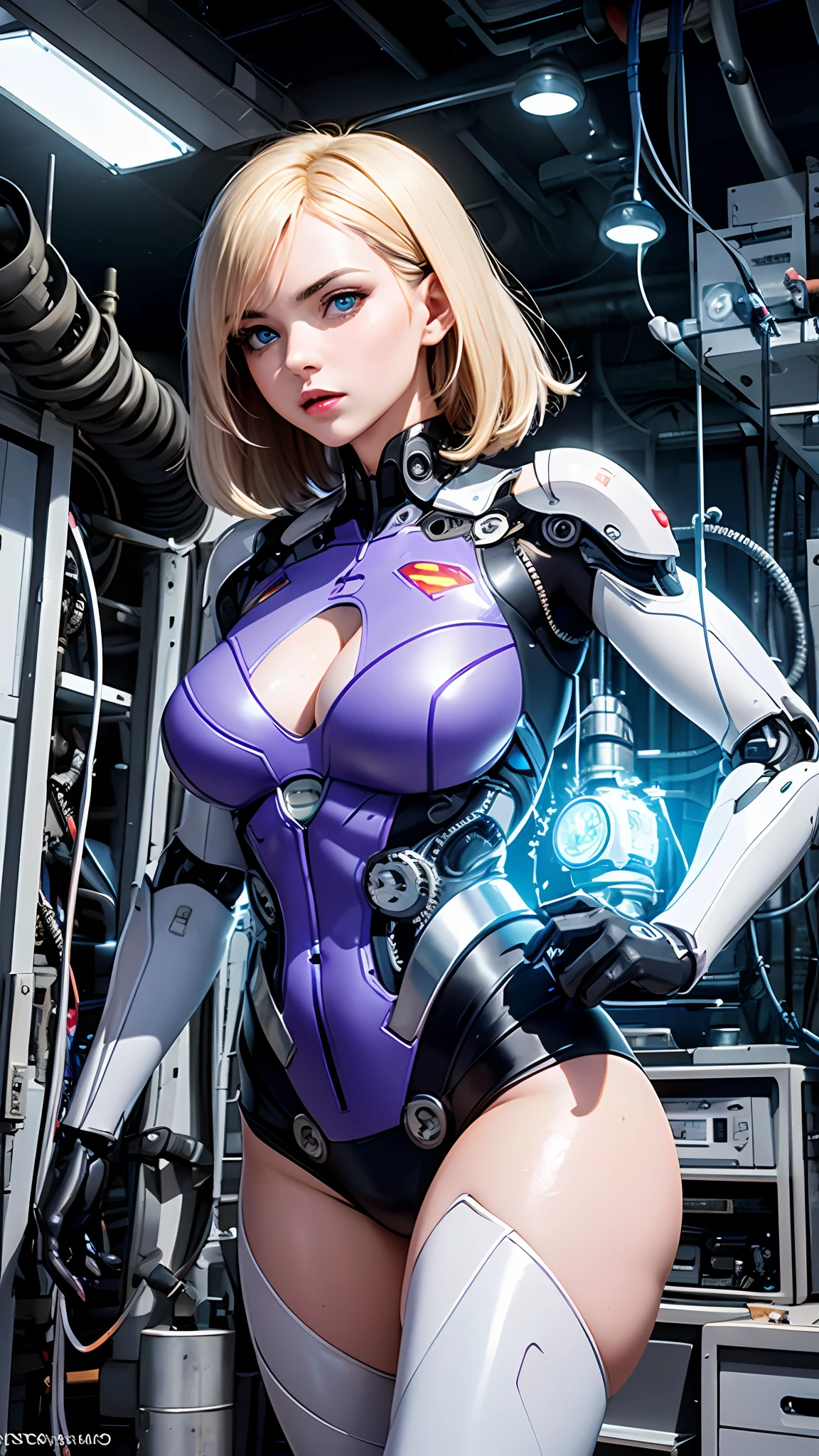 One-sided layered cut Bob, (Blonde hair: 1.3), ((Transparent blue eyes (purple)), ((Beautiful, detailed eyes, Jewel-like eyes, Bright blue eyes: 1.3)) , The female body incorporates mechanical components such as gears with supernan S on the chest, wires and circuits that merge with the female's natural shape to create a visually captivating and futuristic aesthetic.  The mechanical elements emphasize precision and functionality, with interlocking gears and gears that work harmoniously with the feminine physique.  Female faces can have cybernetic enhancements, such as glowing eyes, neural implants, and metallic facial features that symbolize the fusion of man and machine.  This work of art embodies both the strength of a woman and the grace of the human spirit.  Lighting and shadows play an important role, increasing the contrast between organic and mechanical elements and adding depth to the composition.  It emphasizes the mechanical nature of the artwork.  Background details can include futuristic cityscapes, industrial landscapes, or abstract patterns to further enhance the futuristic feel.  Overall, the work captures the essence of a woman embracing the integration of machines, celebrating the possibilities and complexities of a future where humans and technology coexist, wearing Superman's S symbol on her chest.